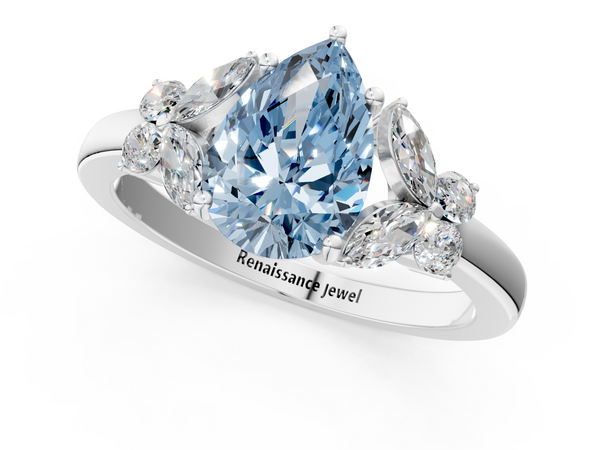 White gold Fancy Blue Pear  Cut Solitaire Floral Diamond Ring with Four-Prong Setting