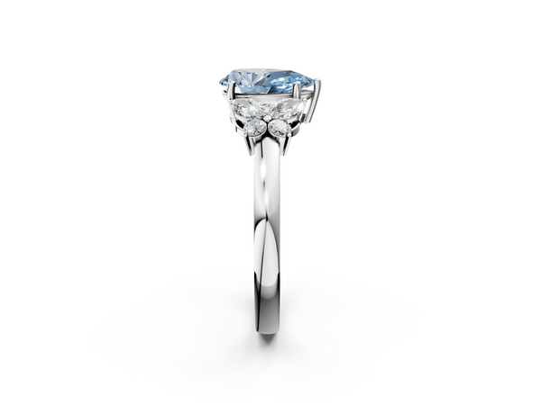 White gold Fancy Blue Pear  Cut Solitaire Floral Diamond Ring with Four-Prong Setting
