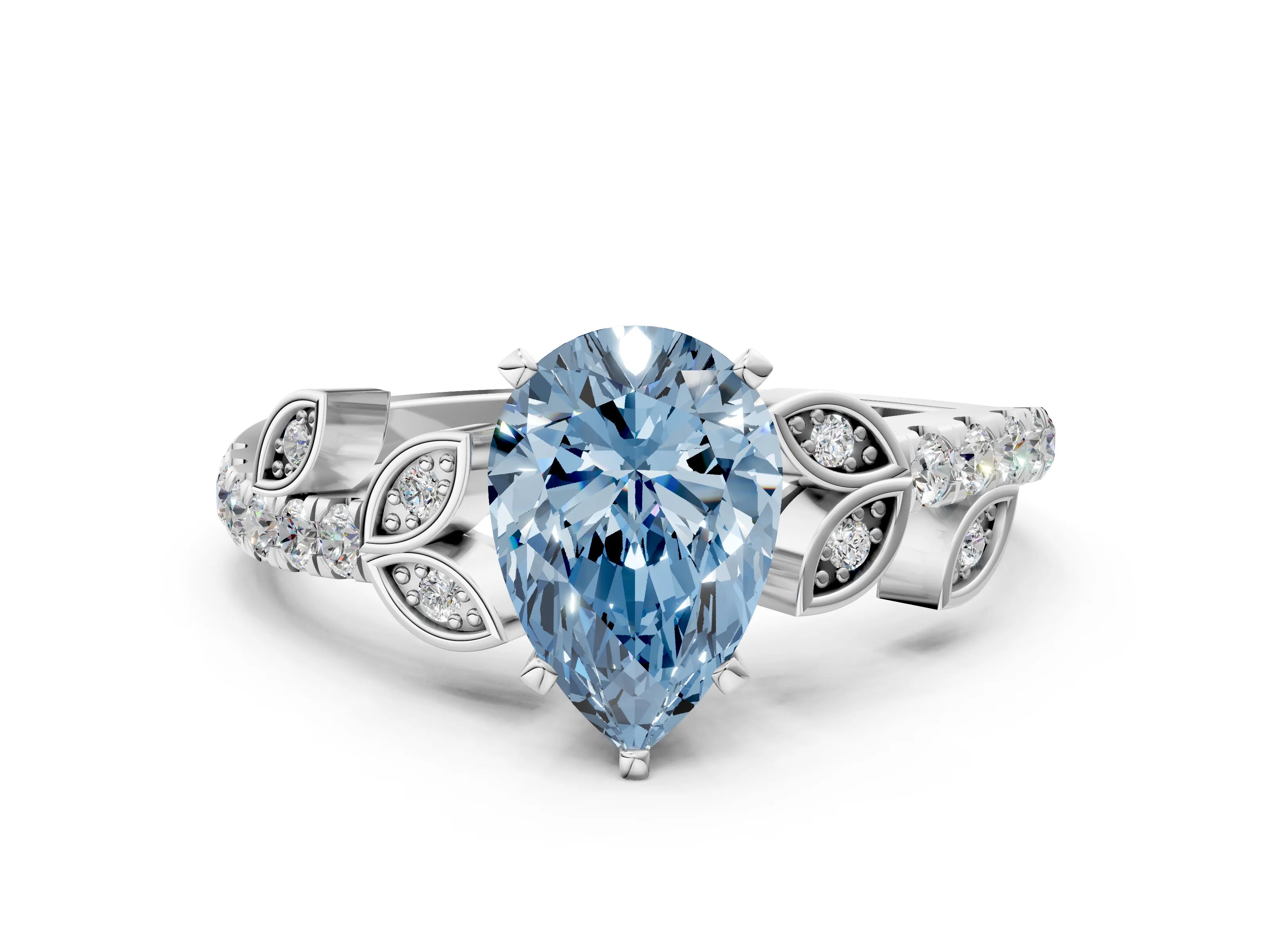White gold Fancy Blue Pear Cut Solitaire Leaf-Inspired Diamond Ring with Pavé Band and Four-Prong Setting_24