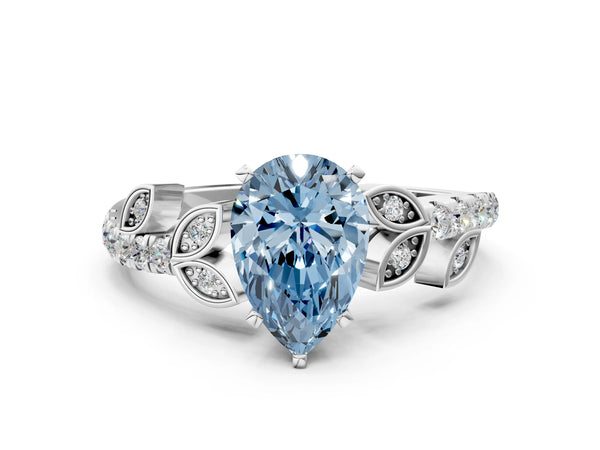 Platinum Fancy Blue Pear Cut Solitaire Leaf-Inspired Diamond Ring with Pavé Band and Four-Prong Setting