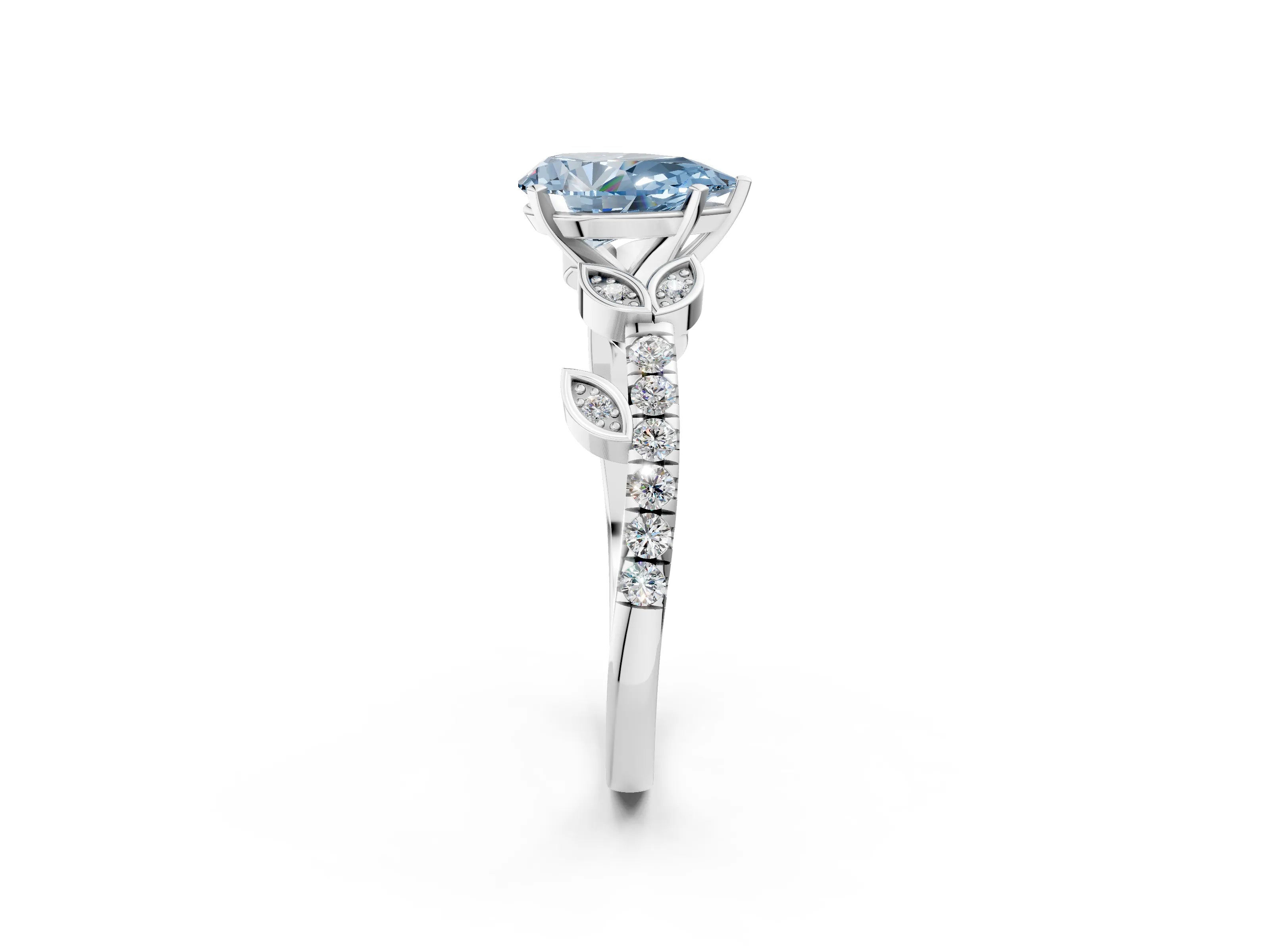 White gold Fancy Blue Pear Cut Solitaire Leaf-Inspired Diamond Ring with Pavé Band and Four-Prong Setting_26