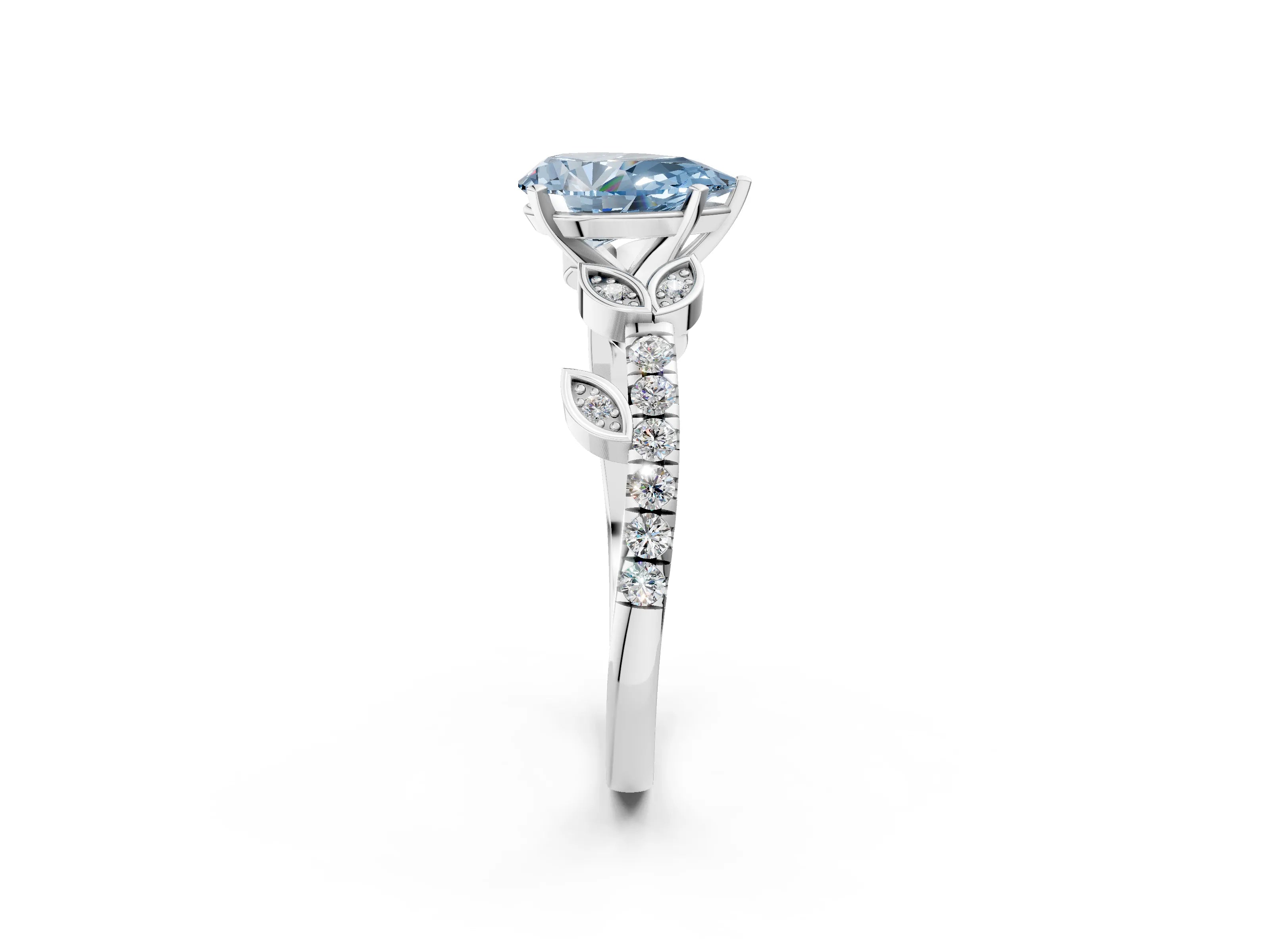 White gold Fancy Blue Pear Cut Solitaire Leaf-Inspired Diamond Ring with Pavé Band and Four-Prong Setting_38