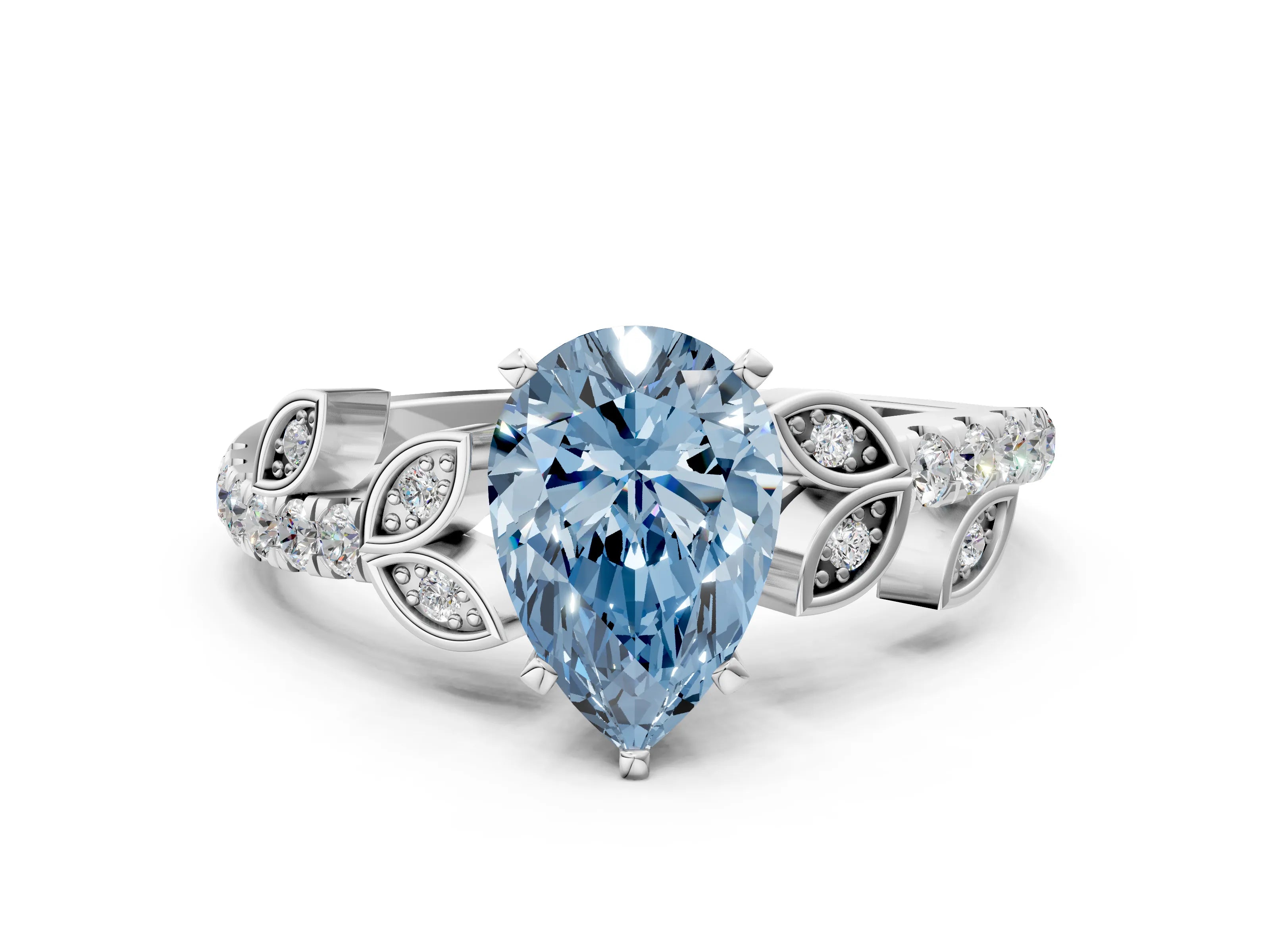 White gold Fancy Blue Pear Cut Solitaire Leaf-Inspired Diamond Ring with Pavé Band and Four-Prong Setting_45