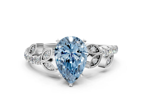 White gold Fancy Blue Pear Cut Solitaire Leaf-Inspired Diamond Ring with Pavé Band and Four-Prong Setting_45
