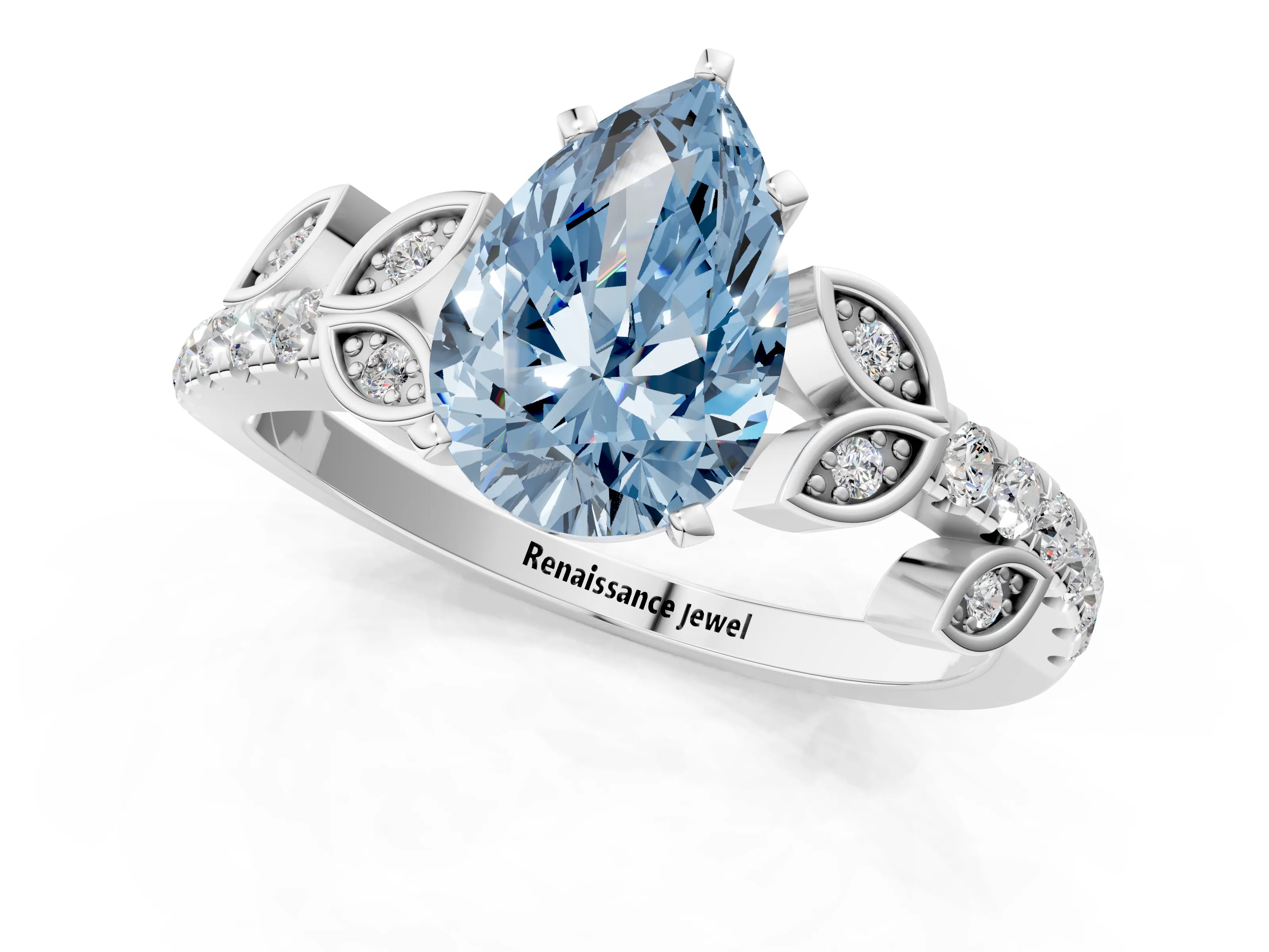 White gold Fancy Blue Pear Cut Solitaire Leaf-Inspired Diamond Ring with Pavé Band and Four-Prong Setting_49