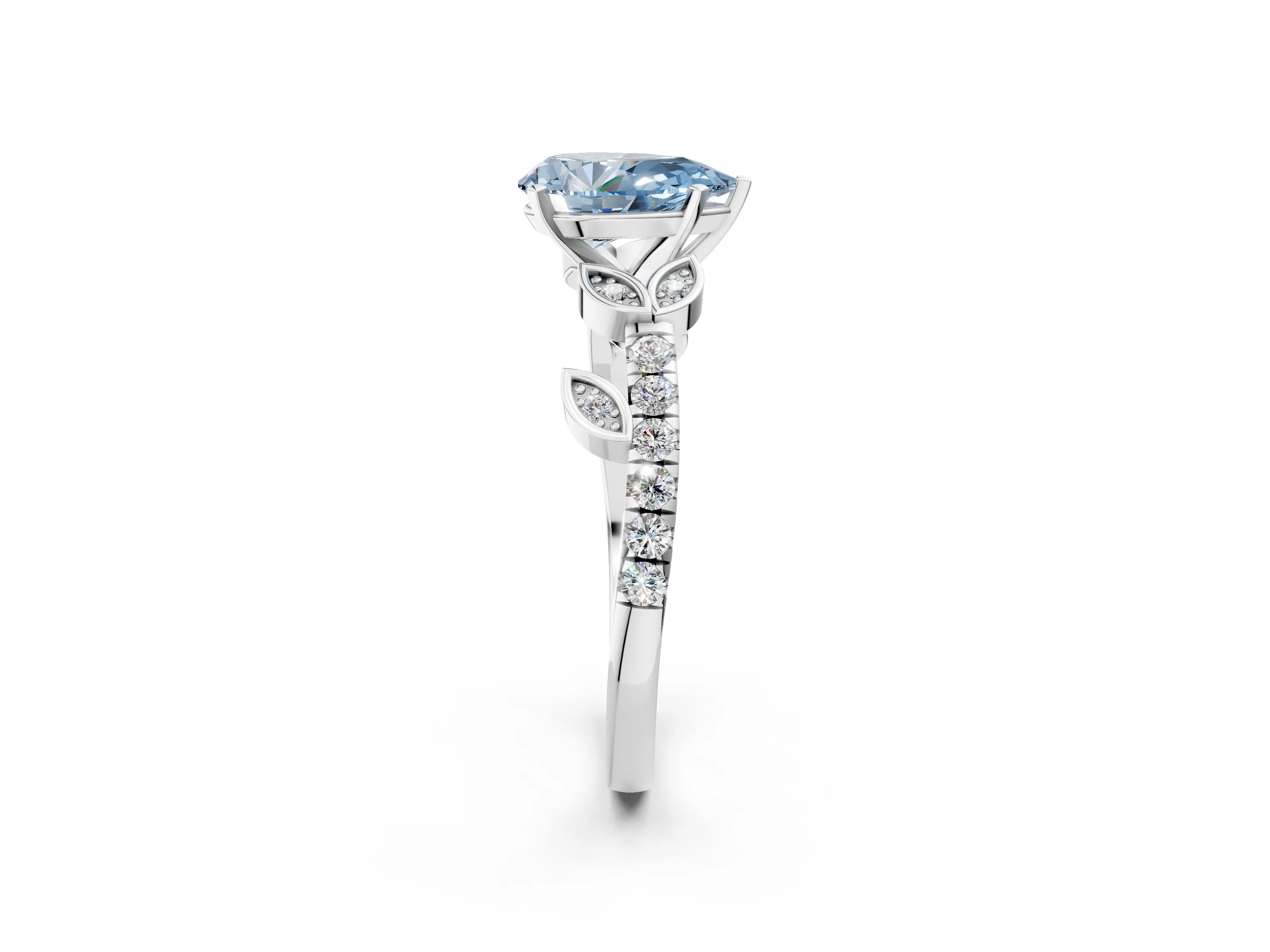 White gold Fancy Blue Pear Cut Solitaire Leaf-Inspired Diamond Ring with Pavé Band and Four-Prong Setting_50