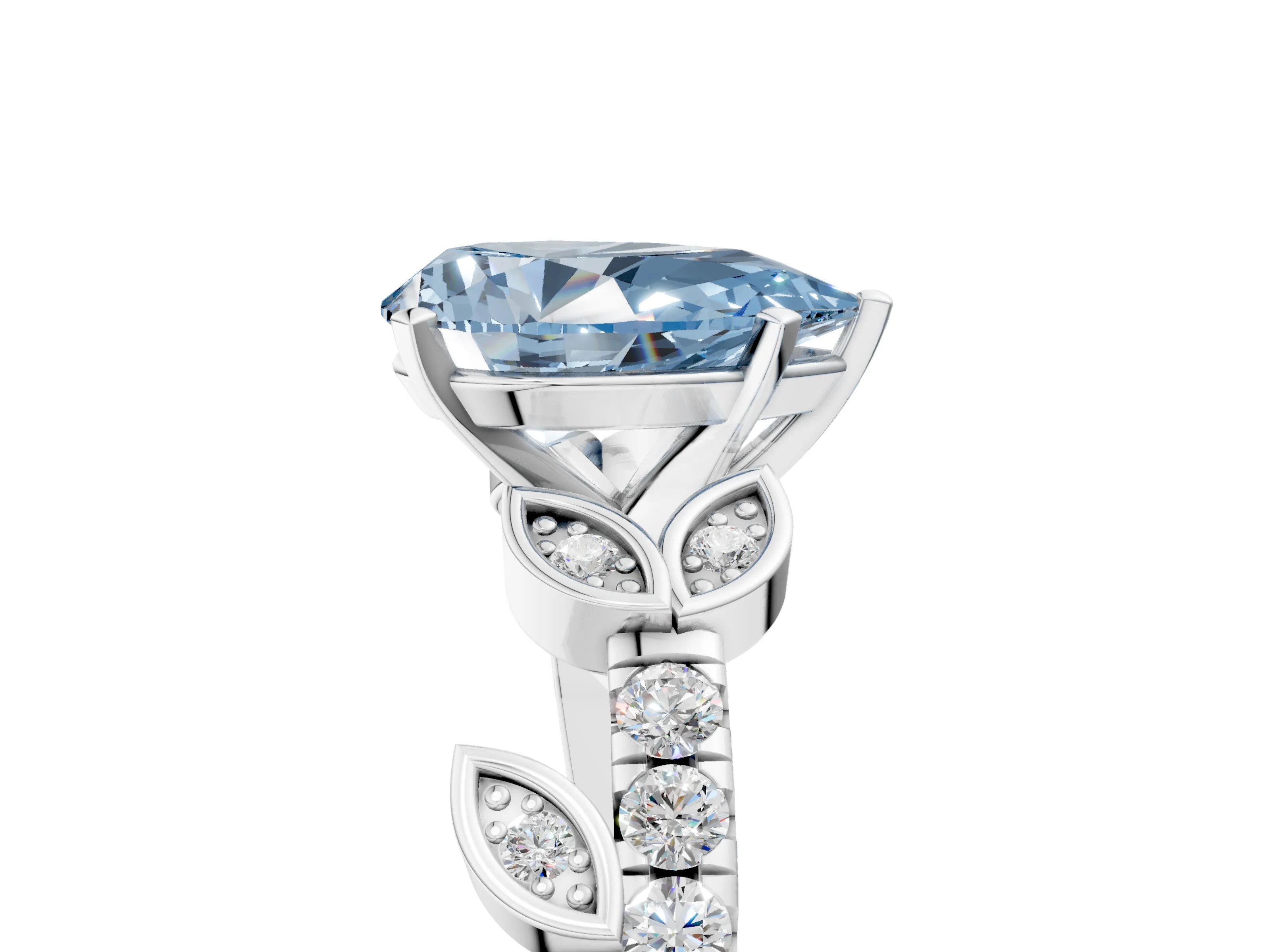 White gold Fancy Blue Pear Cut Solitaire Leaf-Inspired Diamond Ring with Pavé Band and Four-Prong Setting_53
