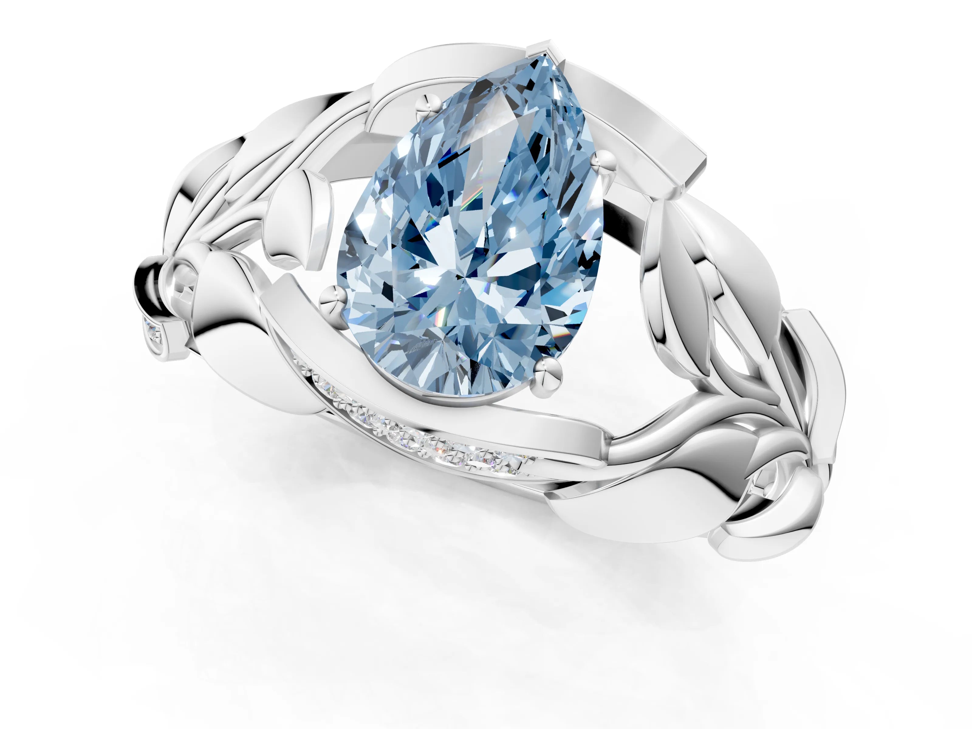 White gold Fancy Blue Pear Cut Solitaire Leaf-Inspired Engagement Ring with Prong Setting_1