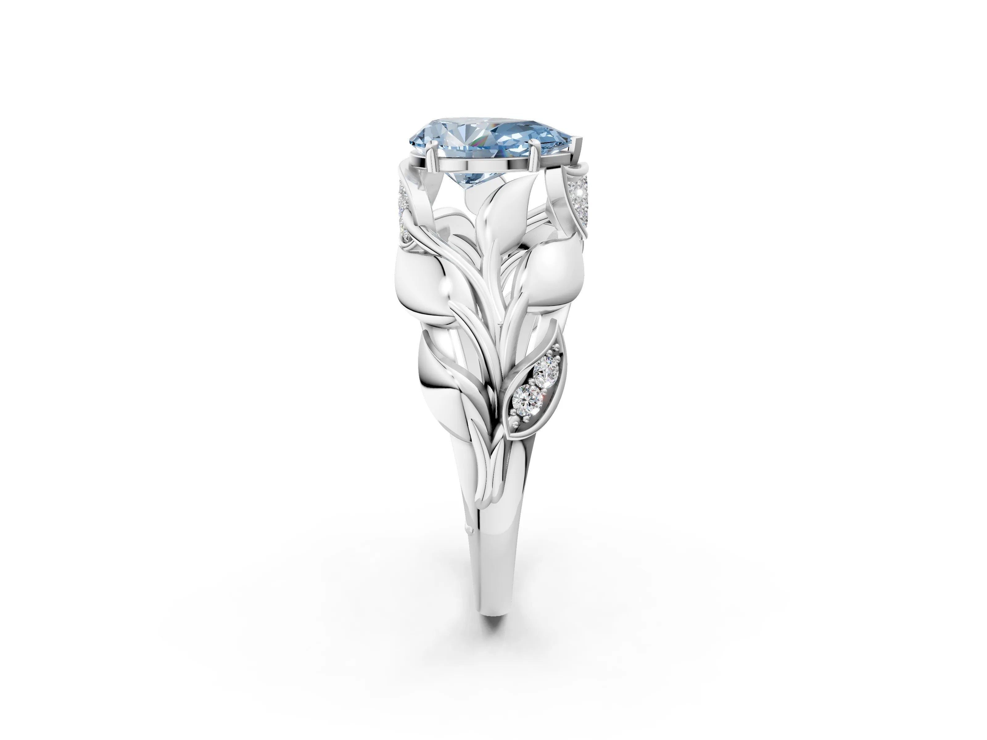 White gold Fancy Blue Pear Cut Solitaire Leaf-Inspired Engagement Ring with Prong Setting_2