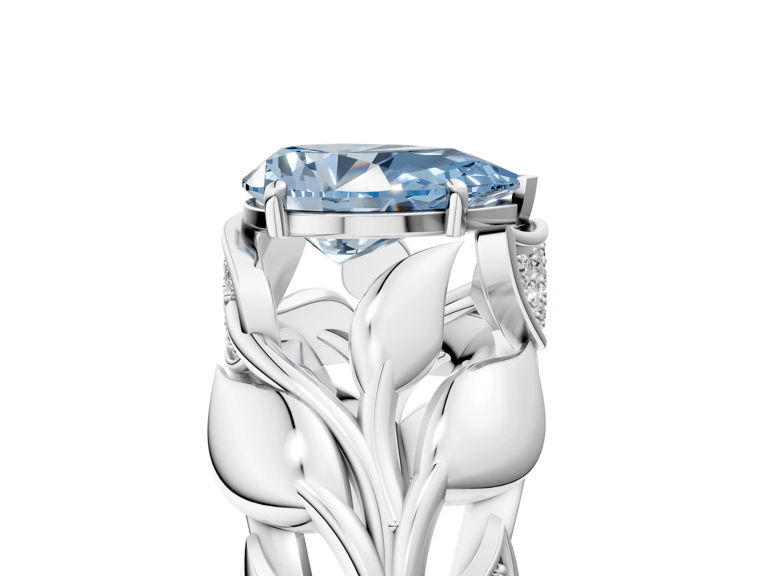 White gold Fancy Blue Pear Cut Solitaire Leaf-Inspired Engagement Ring with Prong Setting_5