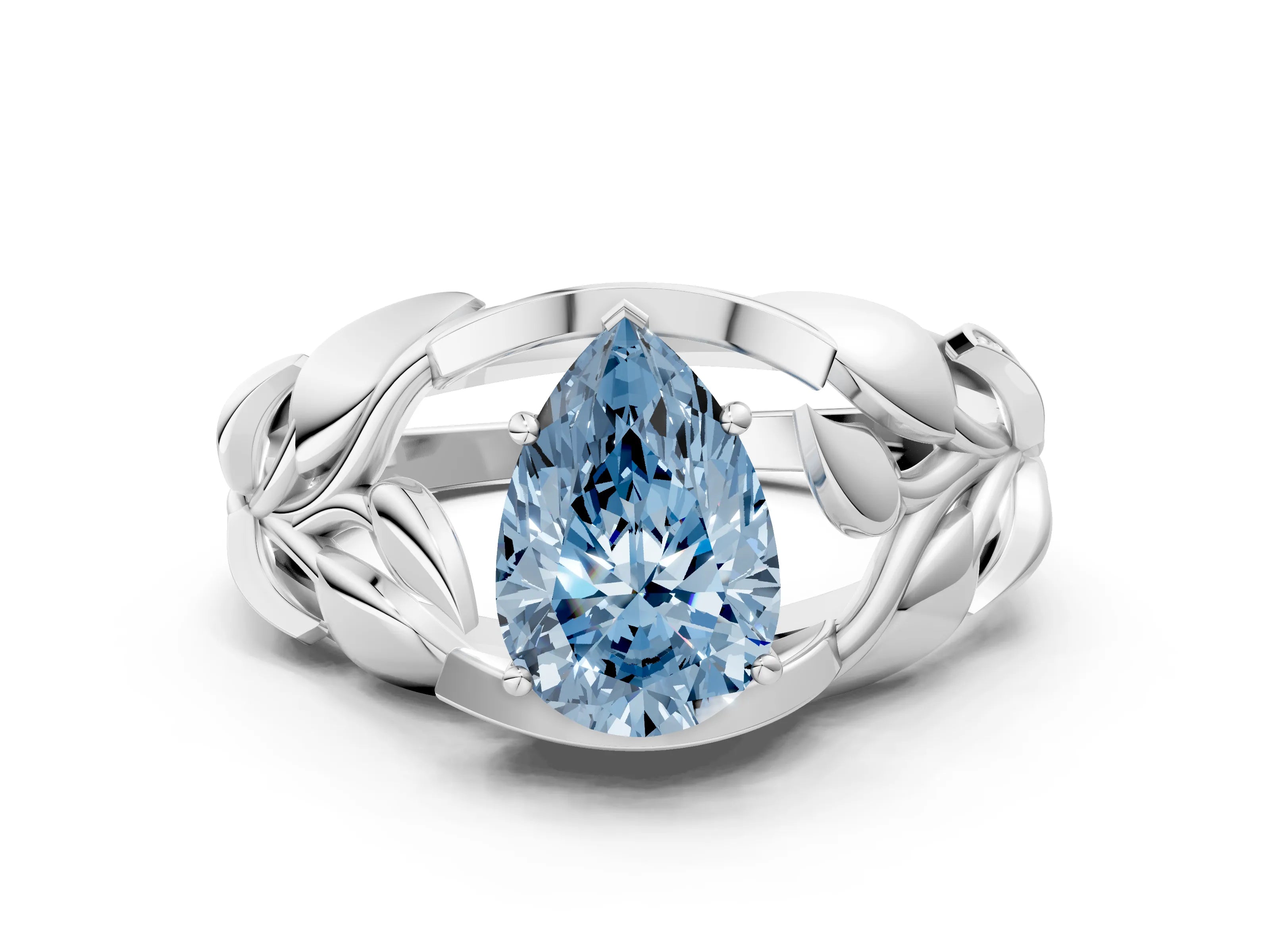 White gold Fancy Blue Pear Cut Solitaire Leaf-Inspired Engagement Ring with Prong Setting