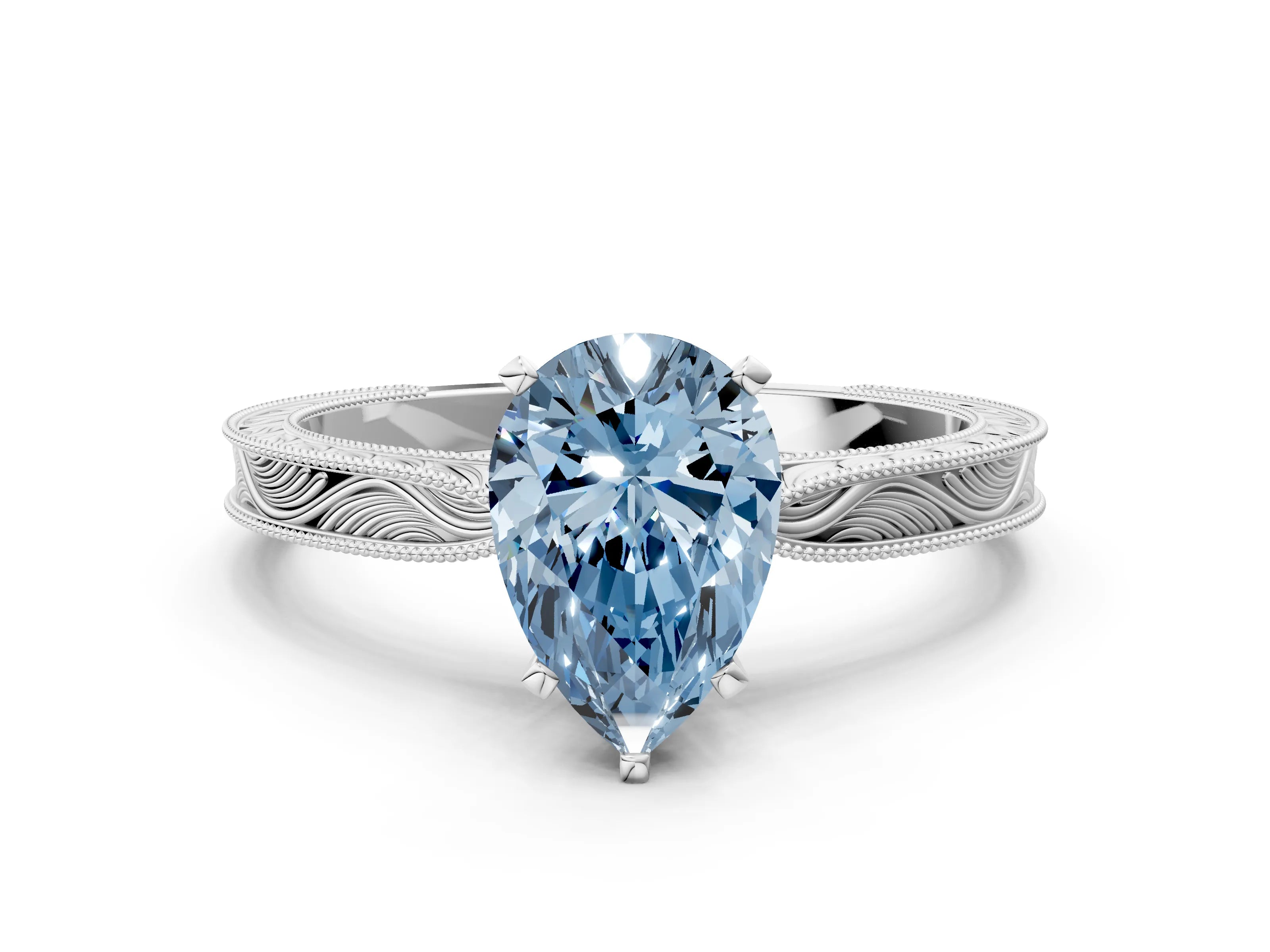White gold Fancy Blue Pear Cut Solitaire Milgrain Engraved Band with Four-Prong Setting_12