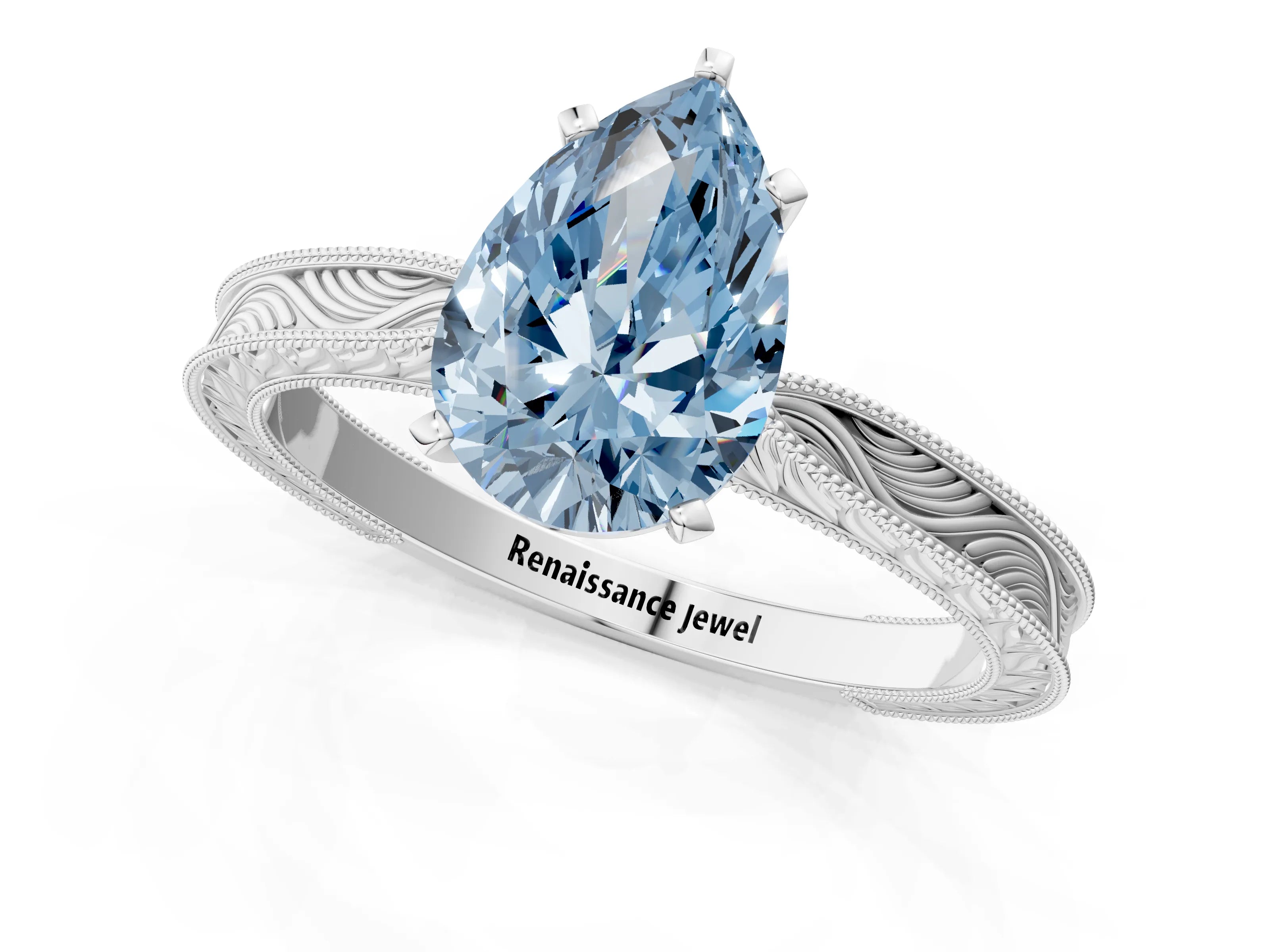 White gold Fancy Blue Pear Cut Solitaire Milgrain Engraved Band with Four-Prong Setting_13