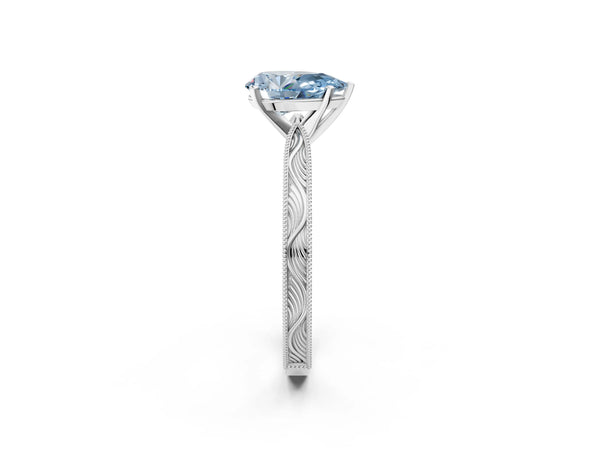 Platinum Pear-Shaped Solitaire Engagement Ring Setting for Fancy Blue Center with Engraved Band