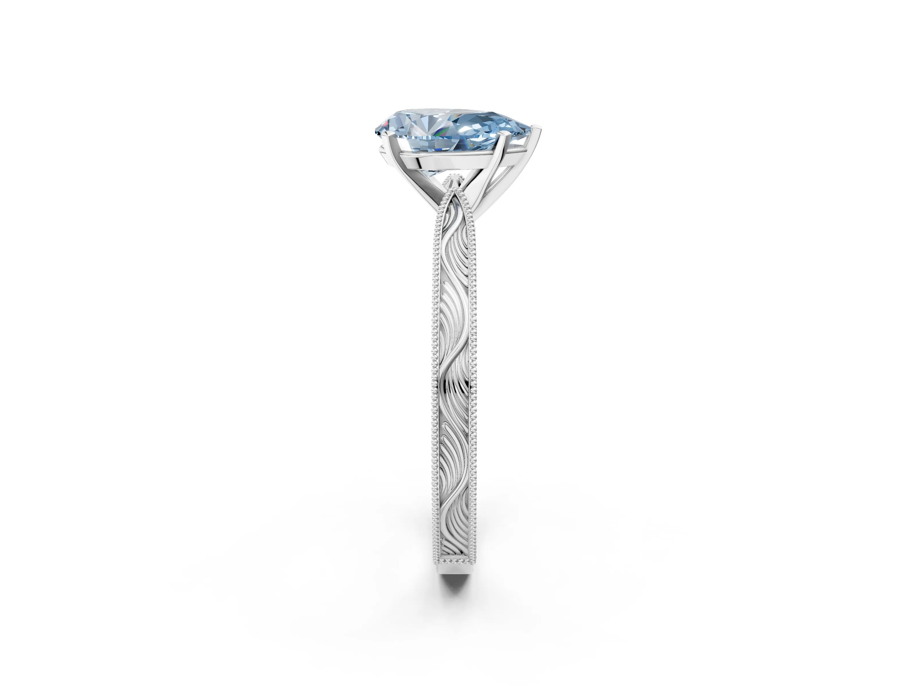 White gold Fancy Blue Pear Cut Solitaire Milgrain Engraved Band with Four-Prong Setting_14