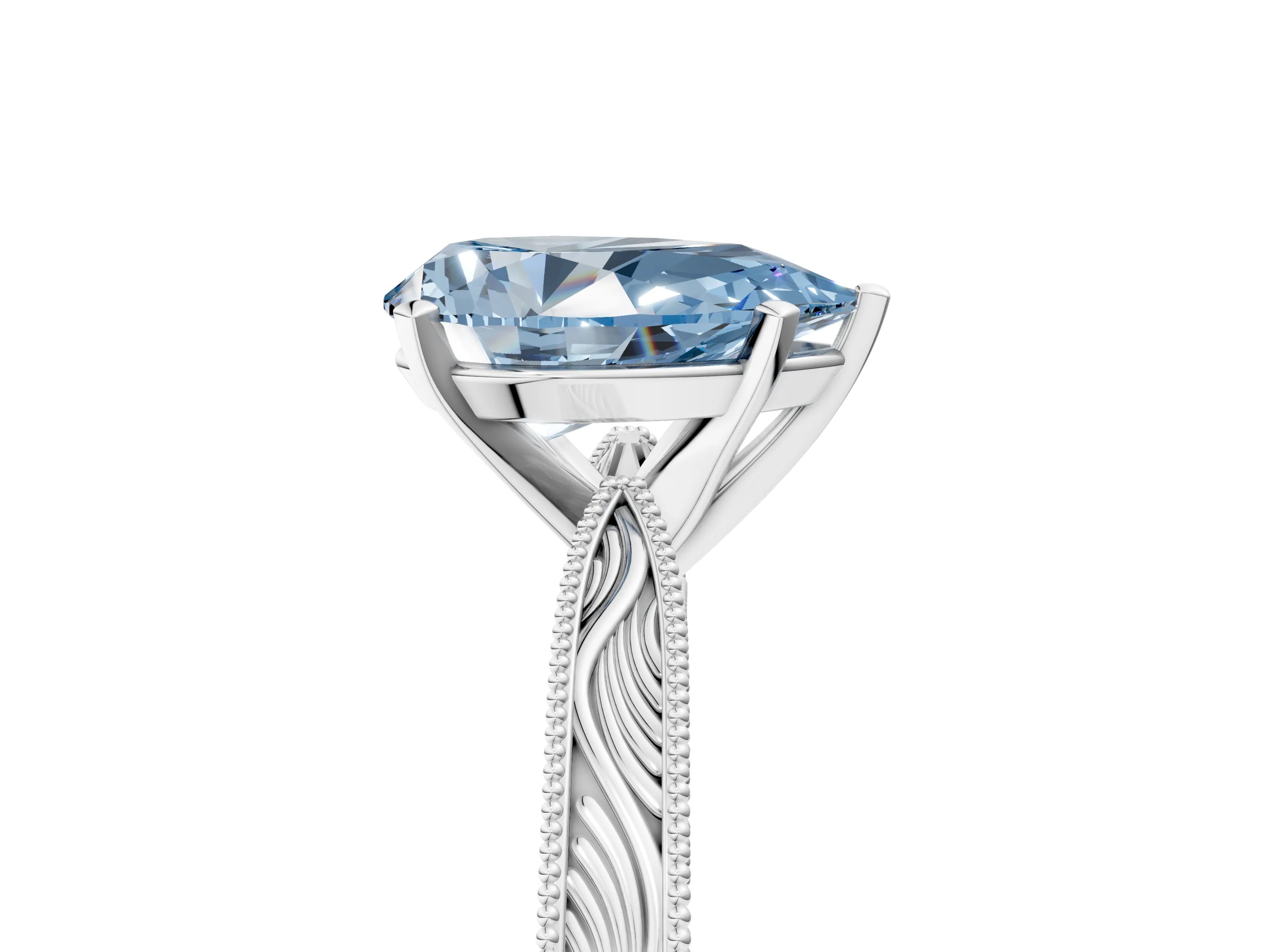 White gold Fancy Blue Pear Cut Solitaire Milgrain Engraved Band with Four-Prong Setting_17