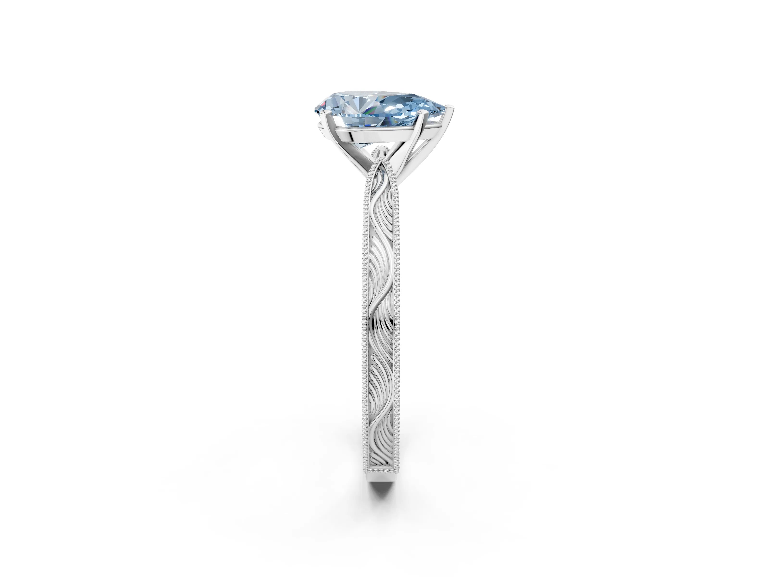 White gold Fancy Blue Pear Cut Solitaire Milgrain Engraved Band with Four-Prong Setting_2