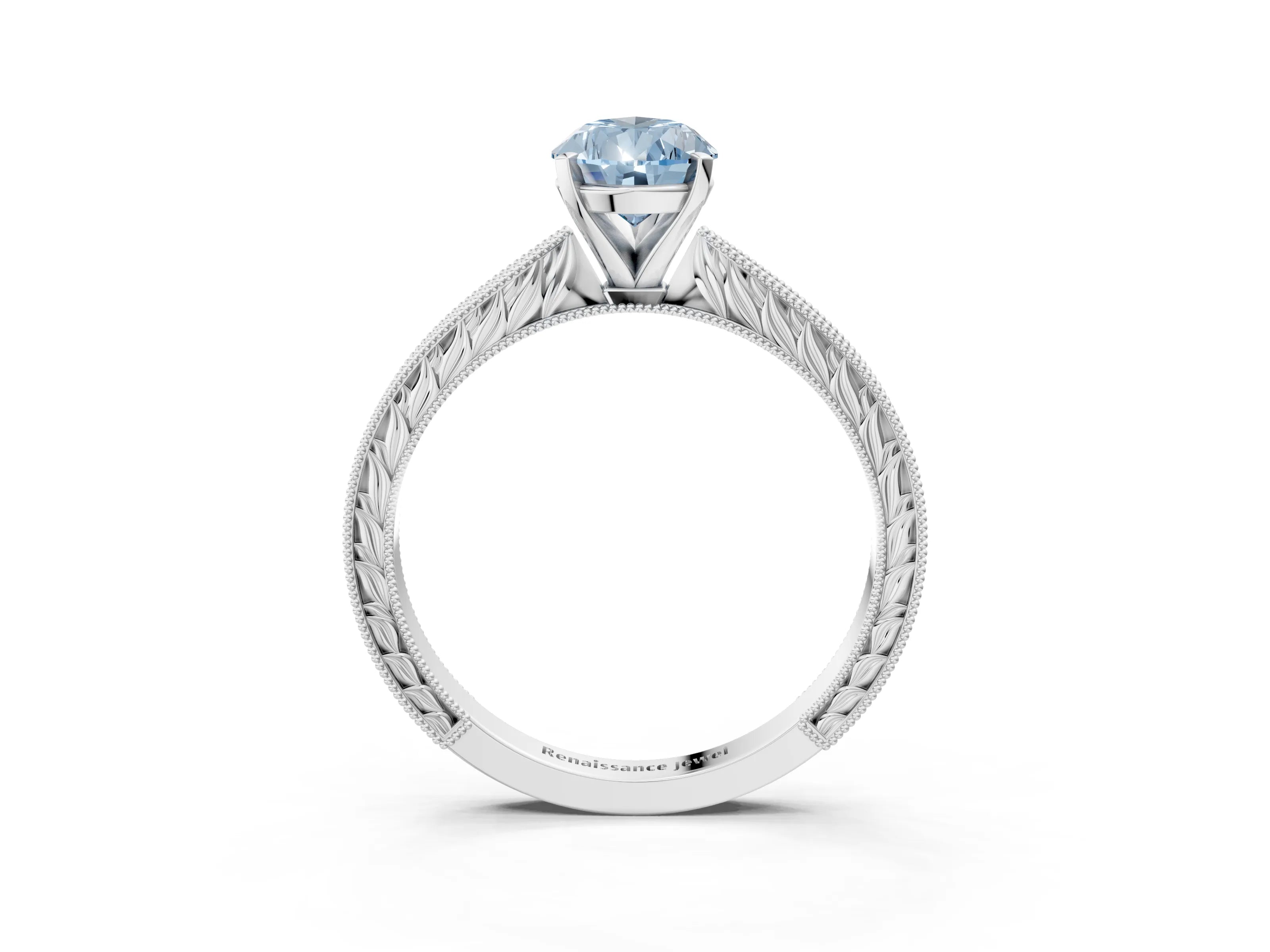 White gold Fancy Blue Pear Cut Solitaire Milgrain Engraved Band with Four-Prong Setting_3