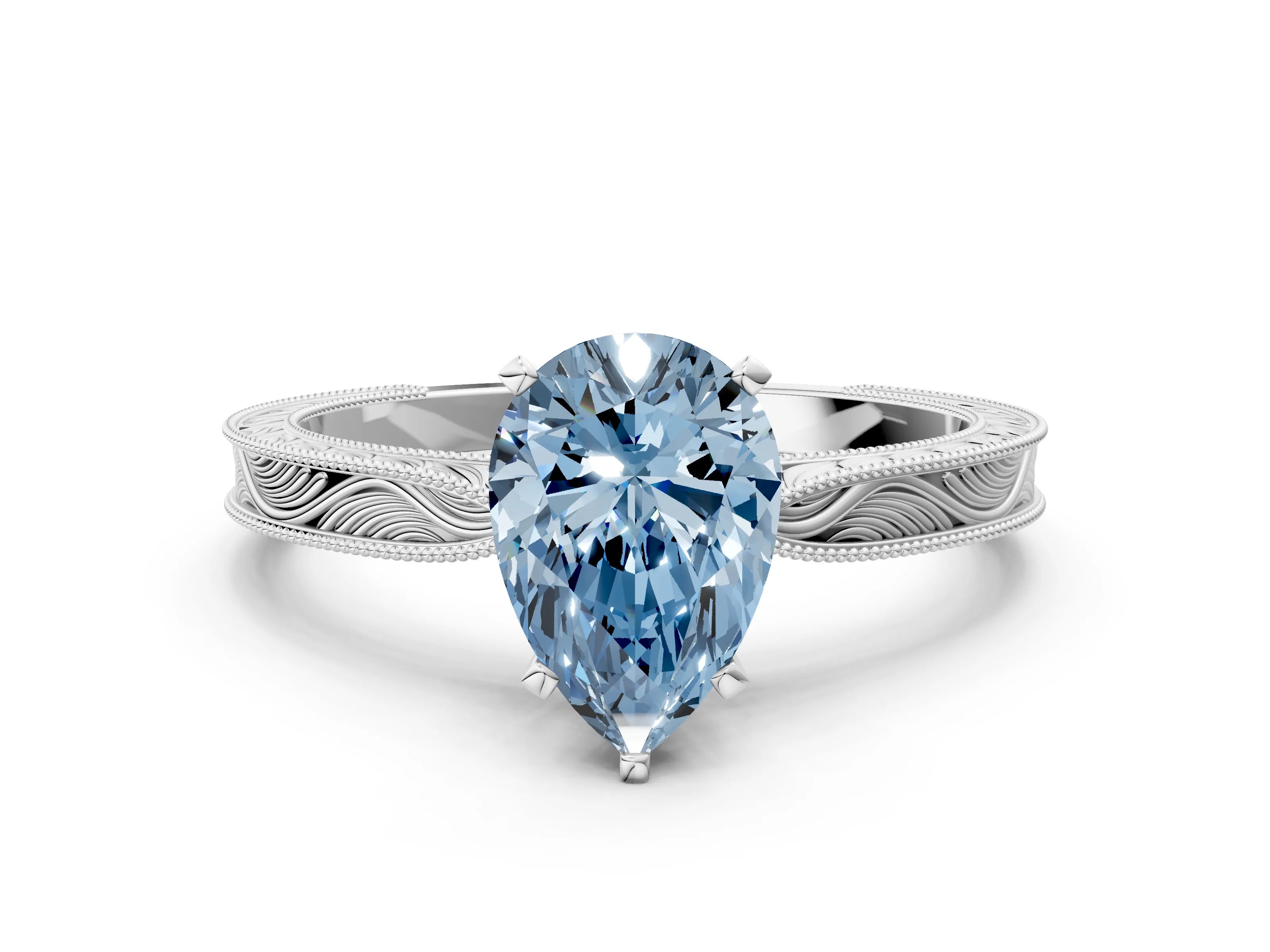 White gold Fancy Blue Pear Cut Solitaire Milgrain Engraved Band with Four-Prong Setting