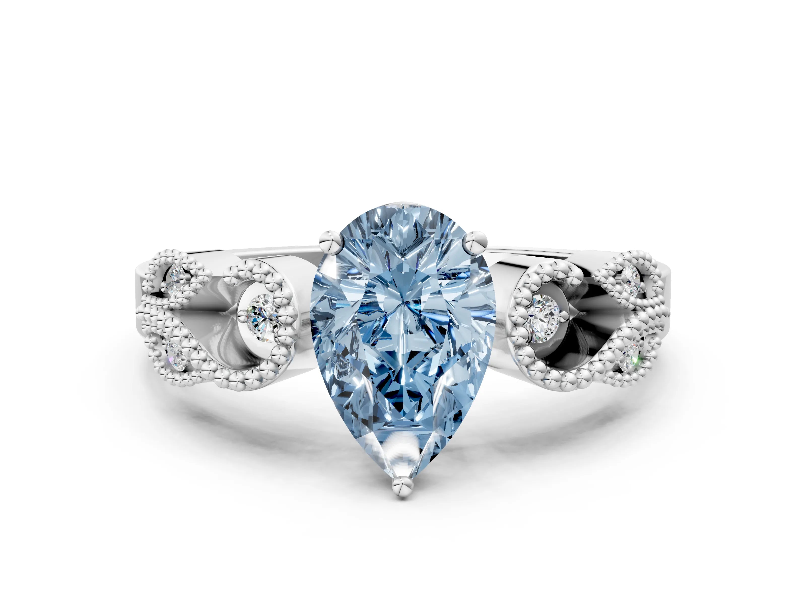White gold Fancy Blue Pear Cut Solitaire Milgrain Leaf Band with Prong Setting