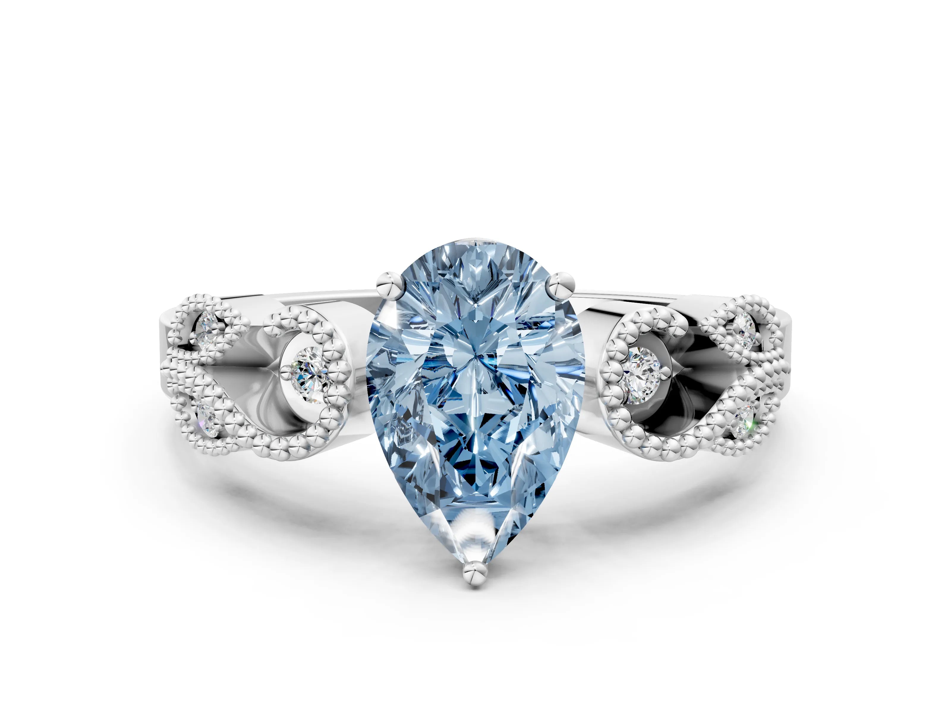 White gold Fancy Blue Pear Cut Solitaire Milgrain Leaf Band with Prong Setting_12