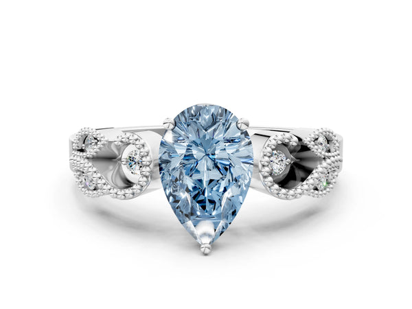 White gold Fancy Blue Pear Cut Solitaire Milgrain Leaf Band with Prong Setting