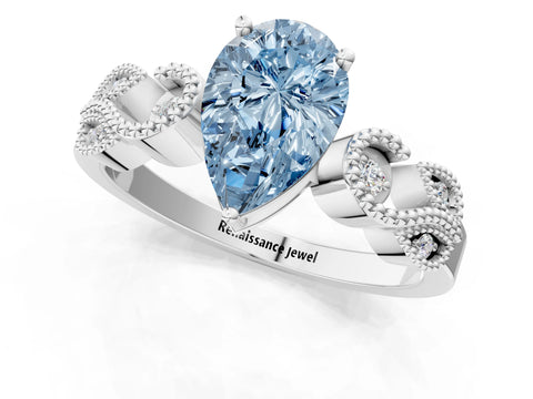 White gold Fancy Blue Pear Cut Solitaire Milgrain Leaf Band with Prong Setting_13