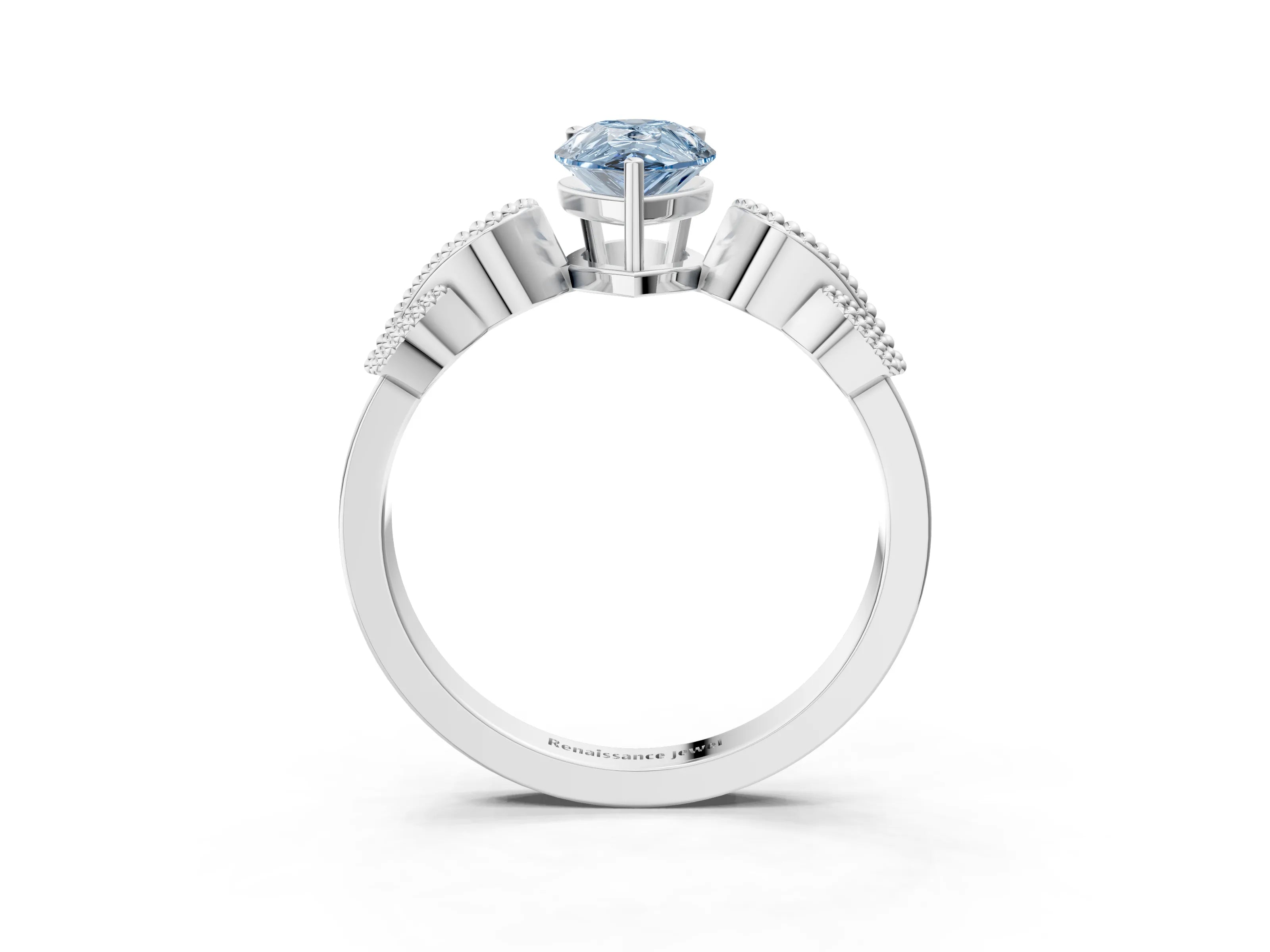 White gold Fancy Blue Pear Cut Solitaire Milgrain Leaf Band with Prong Setting_15