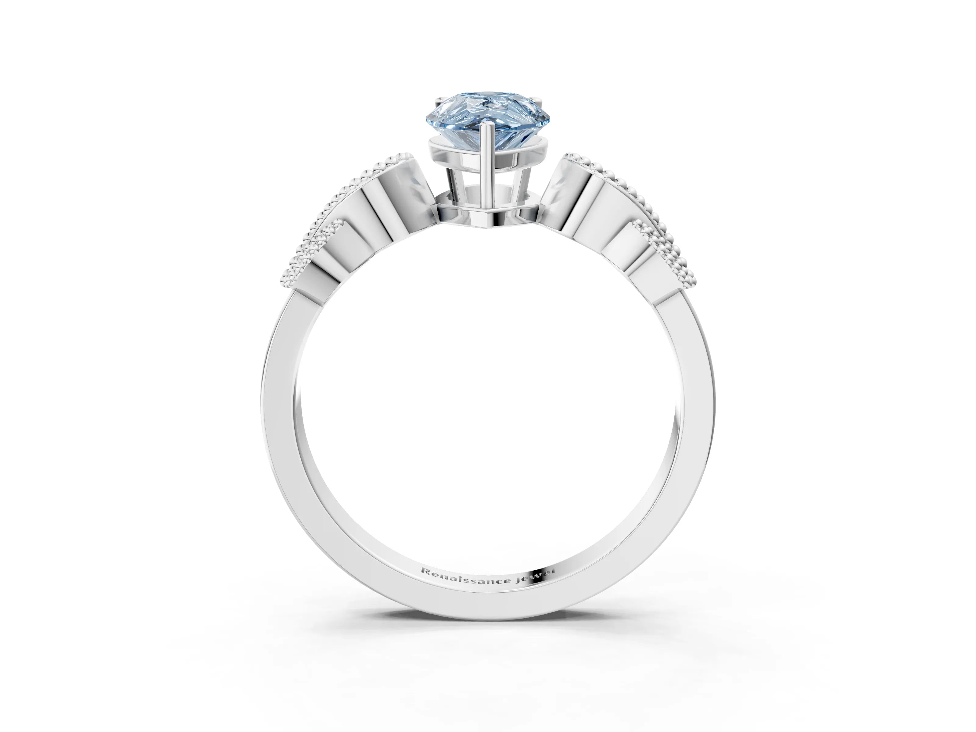 White gold Fancy Blue Pear Cut Solitaire Milgrain Leaf Band with Prong Setting_3