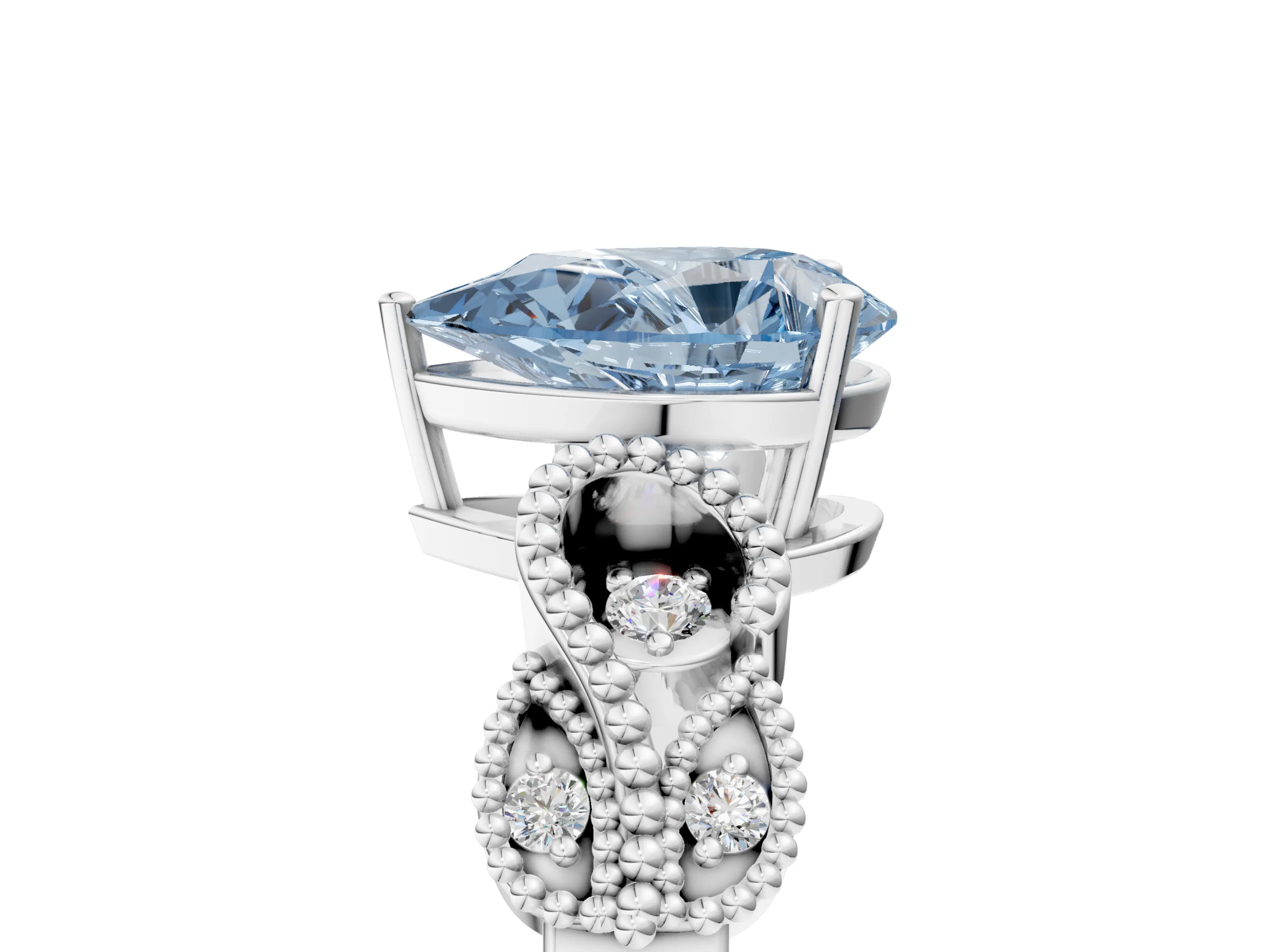 White gold Fancy Blue Pear Cut Solitaire Milgrain Leaf Band with Prong Setting_5