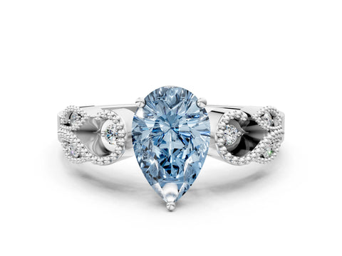 White gold Fancy Blue Pear Cut Solitaire Milgrain Leaf Band with Prong Setting