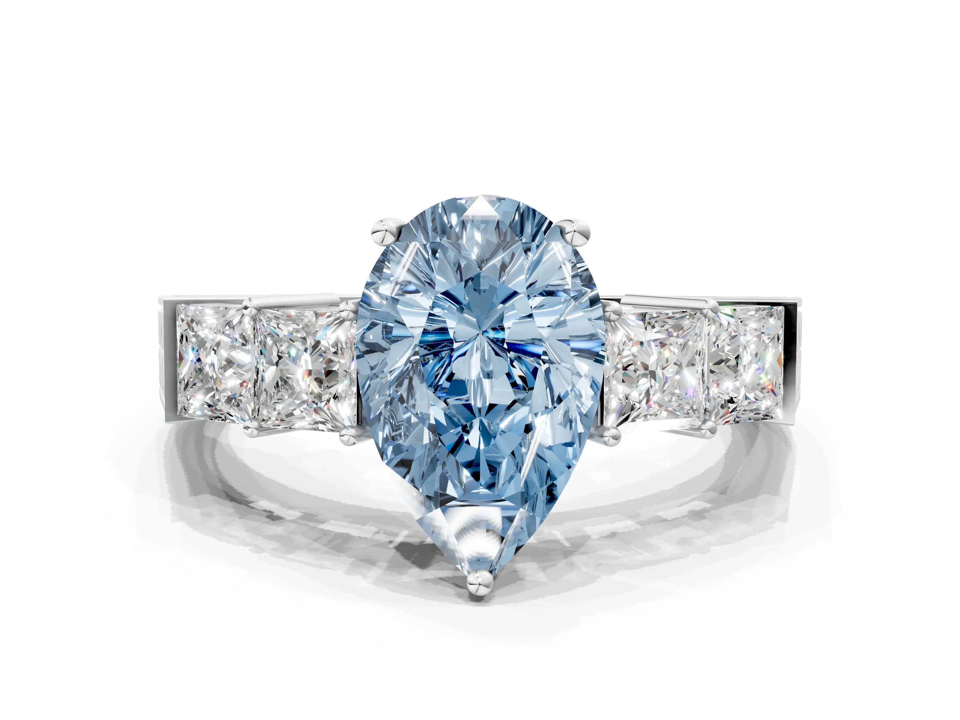 White gold Fancy Blue Pear Cut Solitaire Princess Side Stone Engraved Band Prong Setting Ring_12