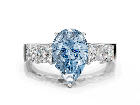 White gold Fancy Blue Pear Cut Solitaire Princess Side Stone Engraved Band Prong Setting Ring_12