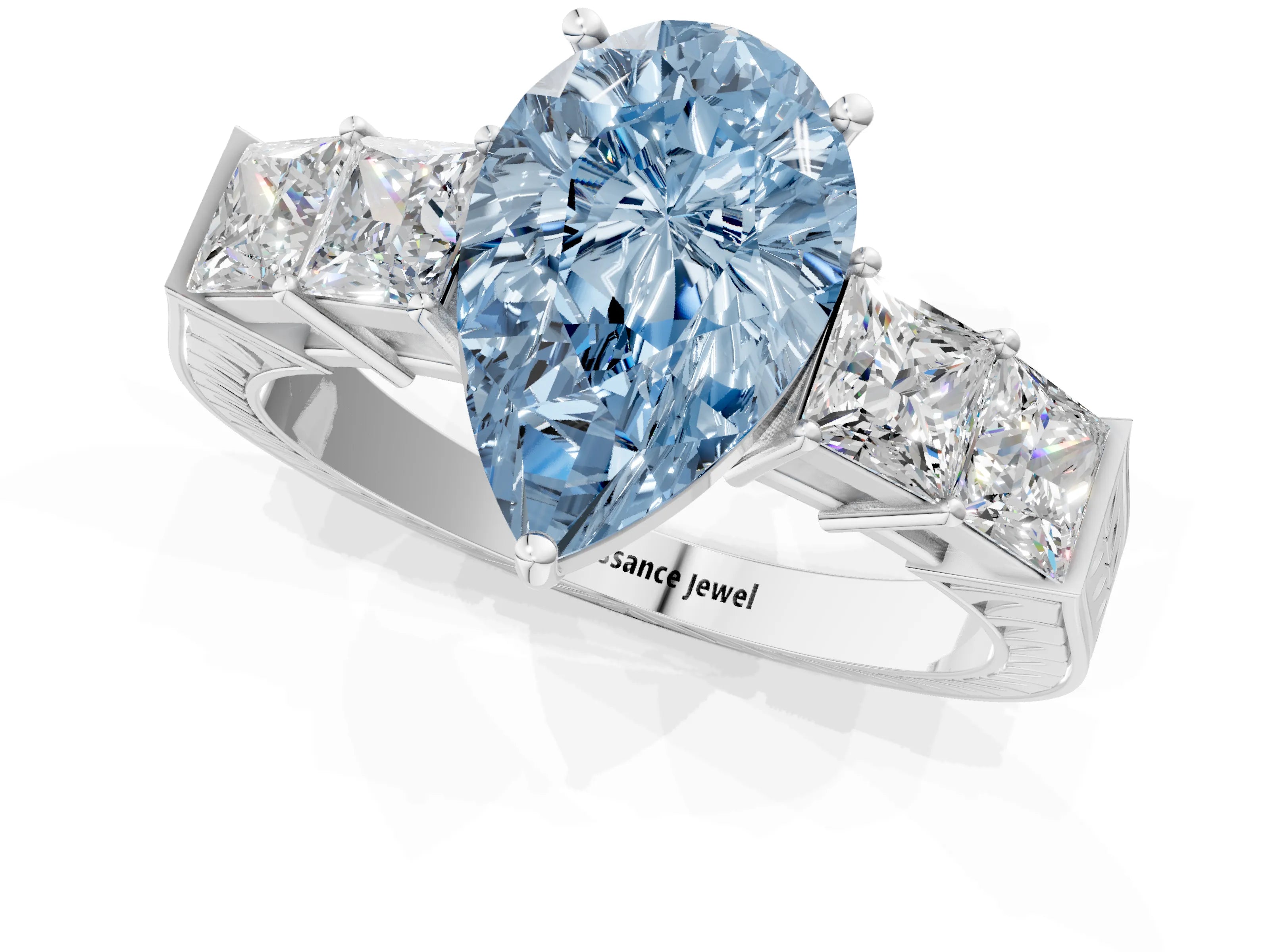 White gold Fancy Blue Pear Cut Solitaire Princess Side Stone Engraved Band Prong Setting Ring_13