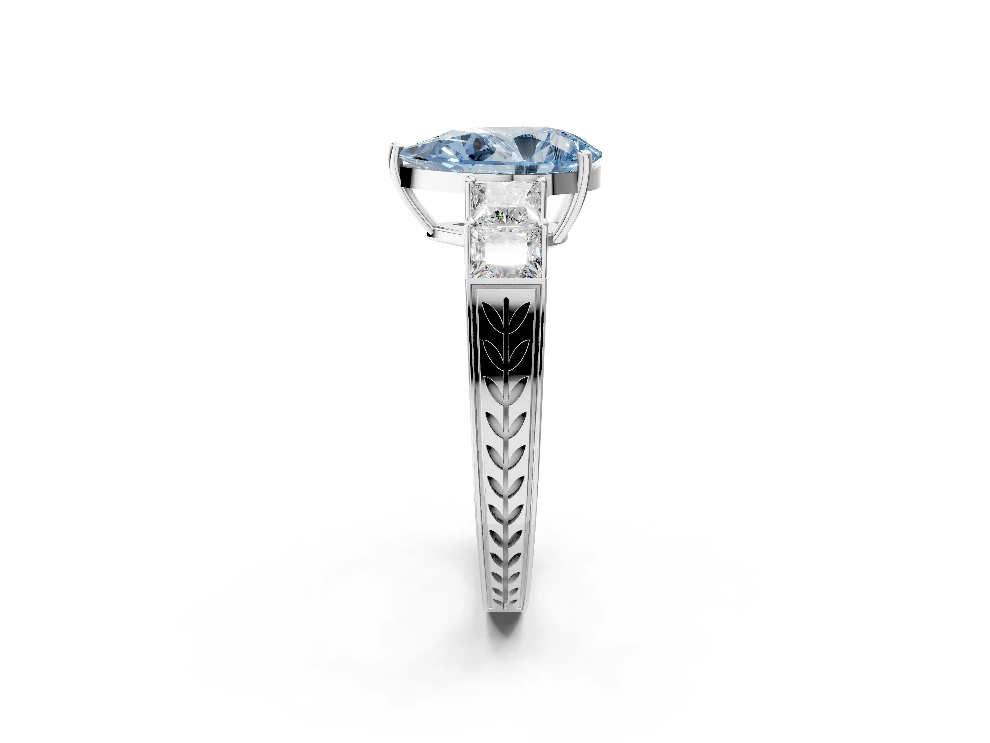 White gold Fancy Blue Pear Cut Solitaire Princess Side Stone Engraved Band Prong Setting Ring_14