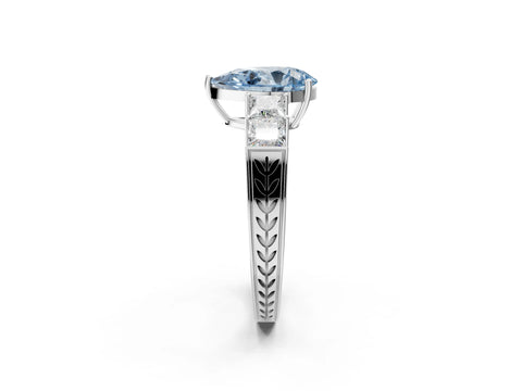 White gold Fancy Blue Pear Cut Solitaire Princess Side Stone Engraved Band Prong Setting Ring_14