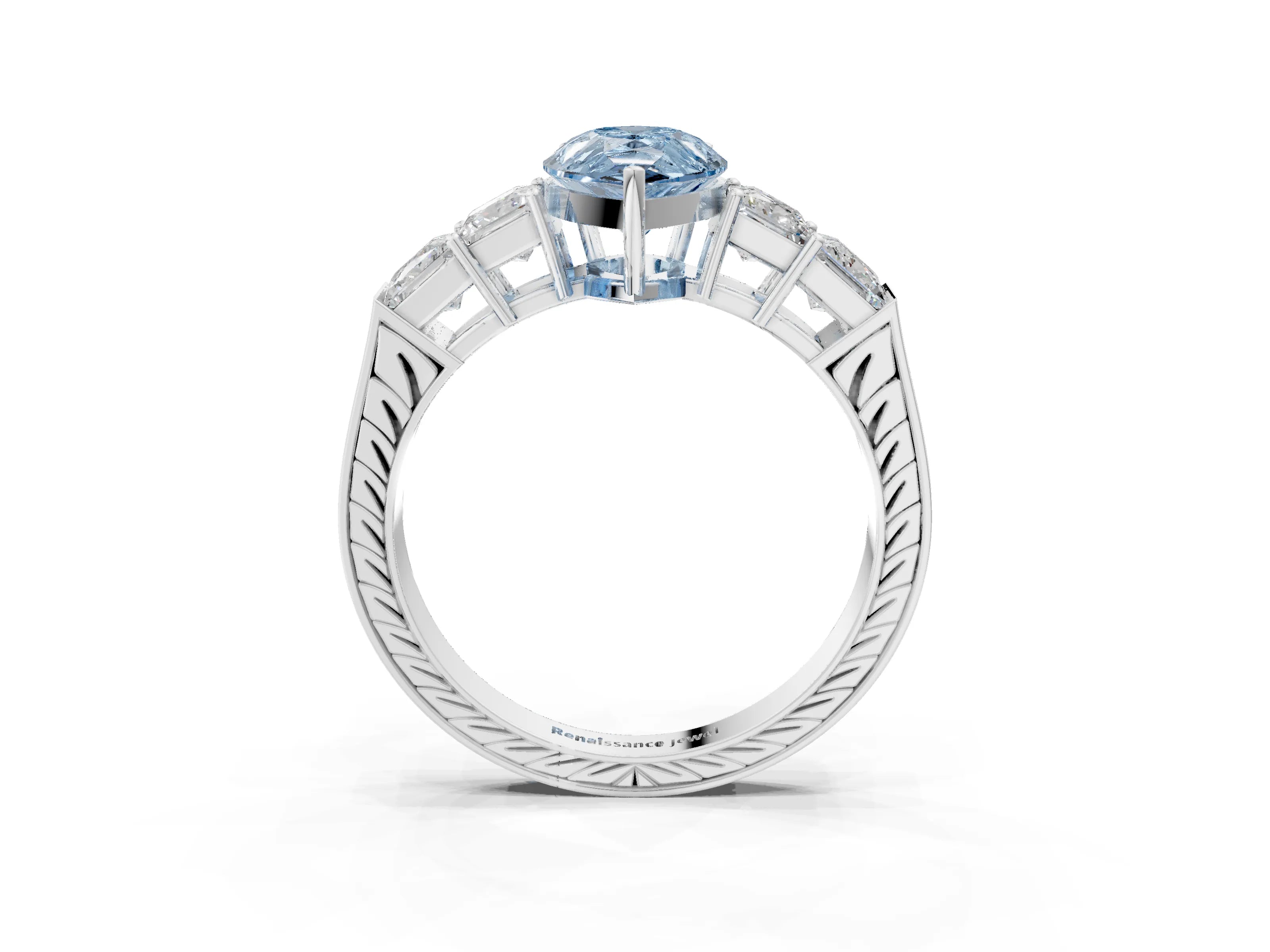 White gold Fancy Blue Pear Cut Solitaire Princess Side Stone Engraved Band Prong Setting Ring_15