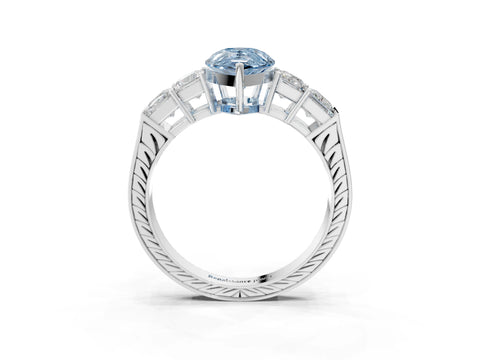 White gold Fancy Blue Pear Cut Solitaire Princess Side Stone Engraved Band Prong Setting Ring_15