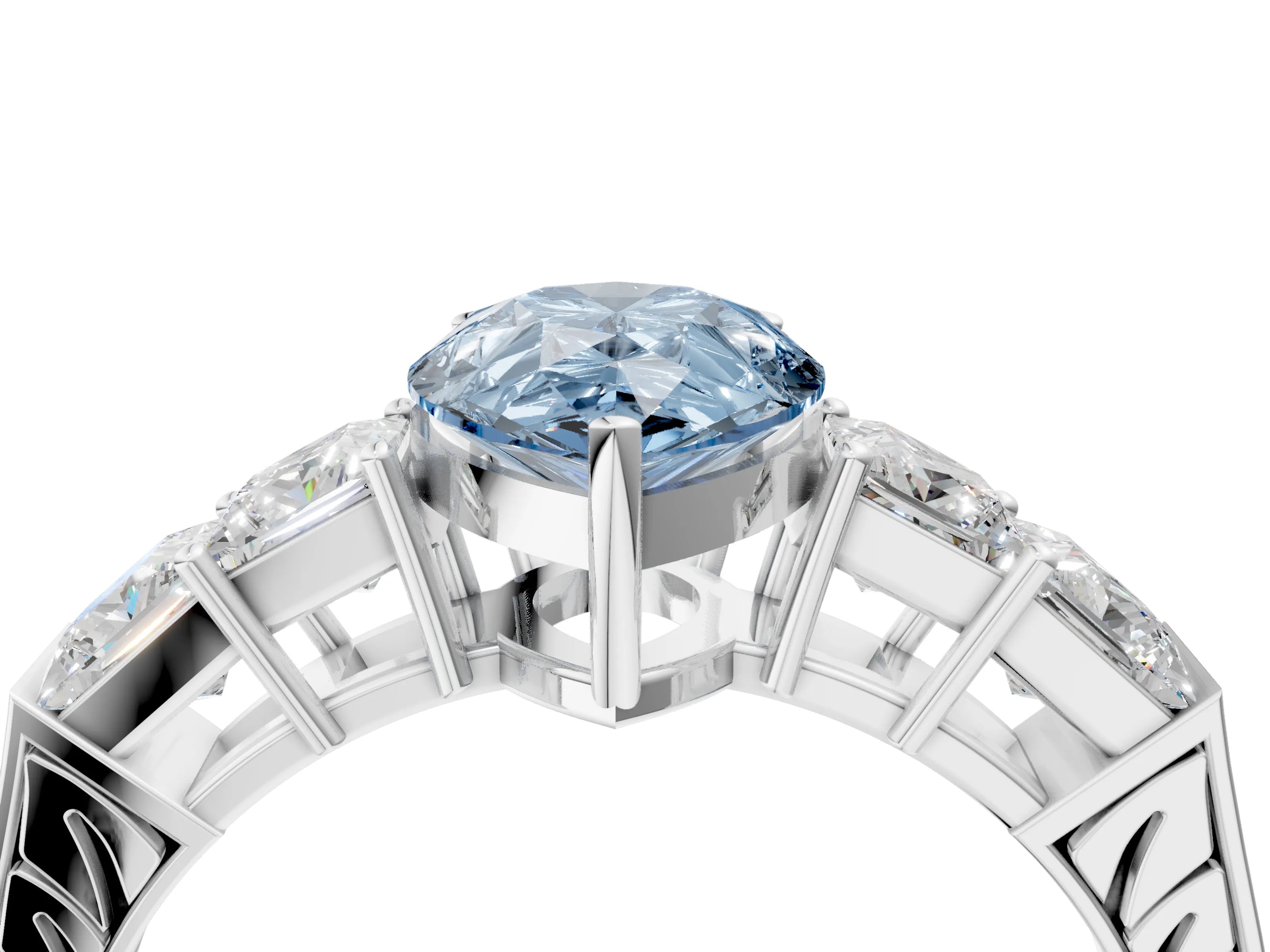 White gold Fancy Blue Pear Cut Solitaire Princess Side Stone Engraved Band Prong Setting Ring_16