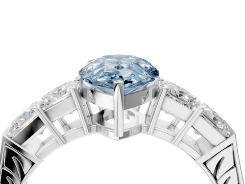 White gold Fancy Blue Pear Cut Solitaire Princess Side Stone Engraved Band Prong Setting Ring_16