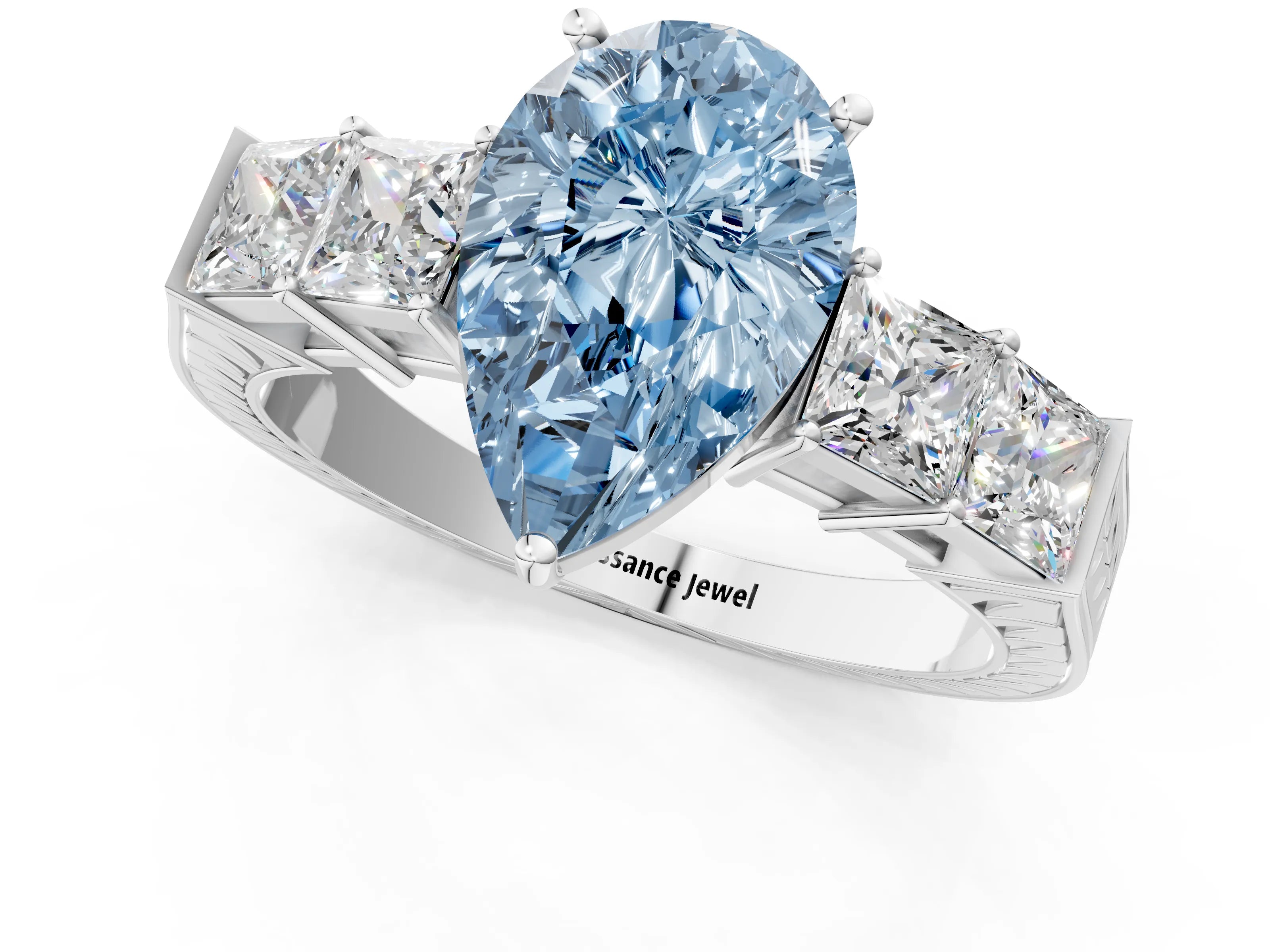 White gold Fancy Blue Pear Cut Solitaire Princess Side Stone Engraved Band Prong Setting Ring_1