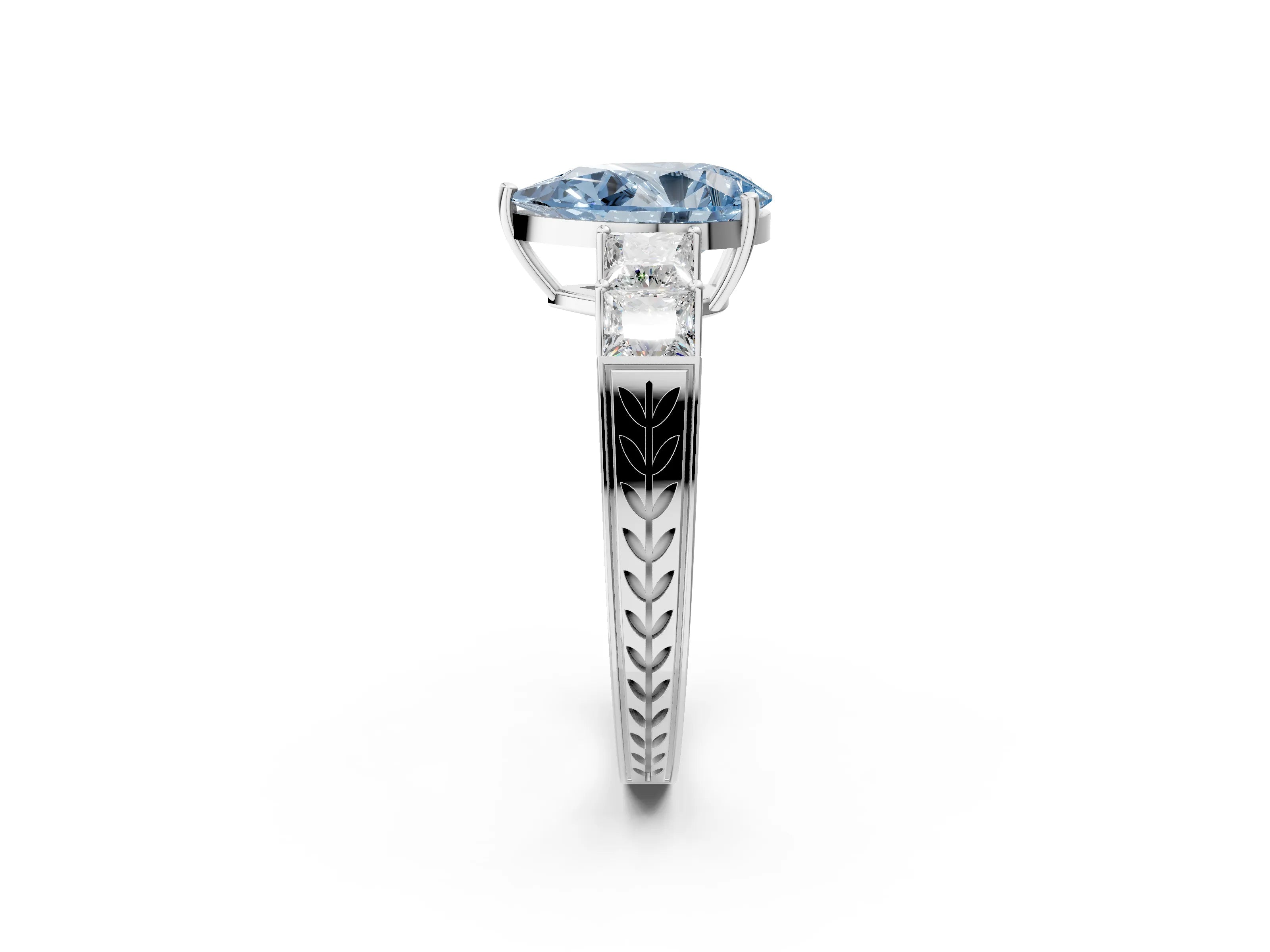 White gold Fancy Blue Pear Cut Solitaire Princess Side Stone Engraved Band Prong Setting Ring_2
