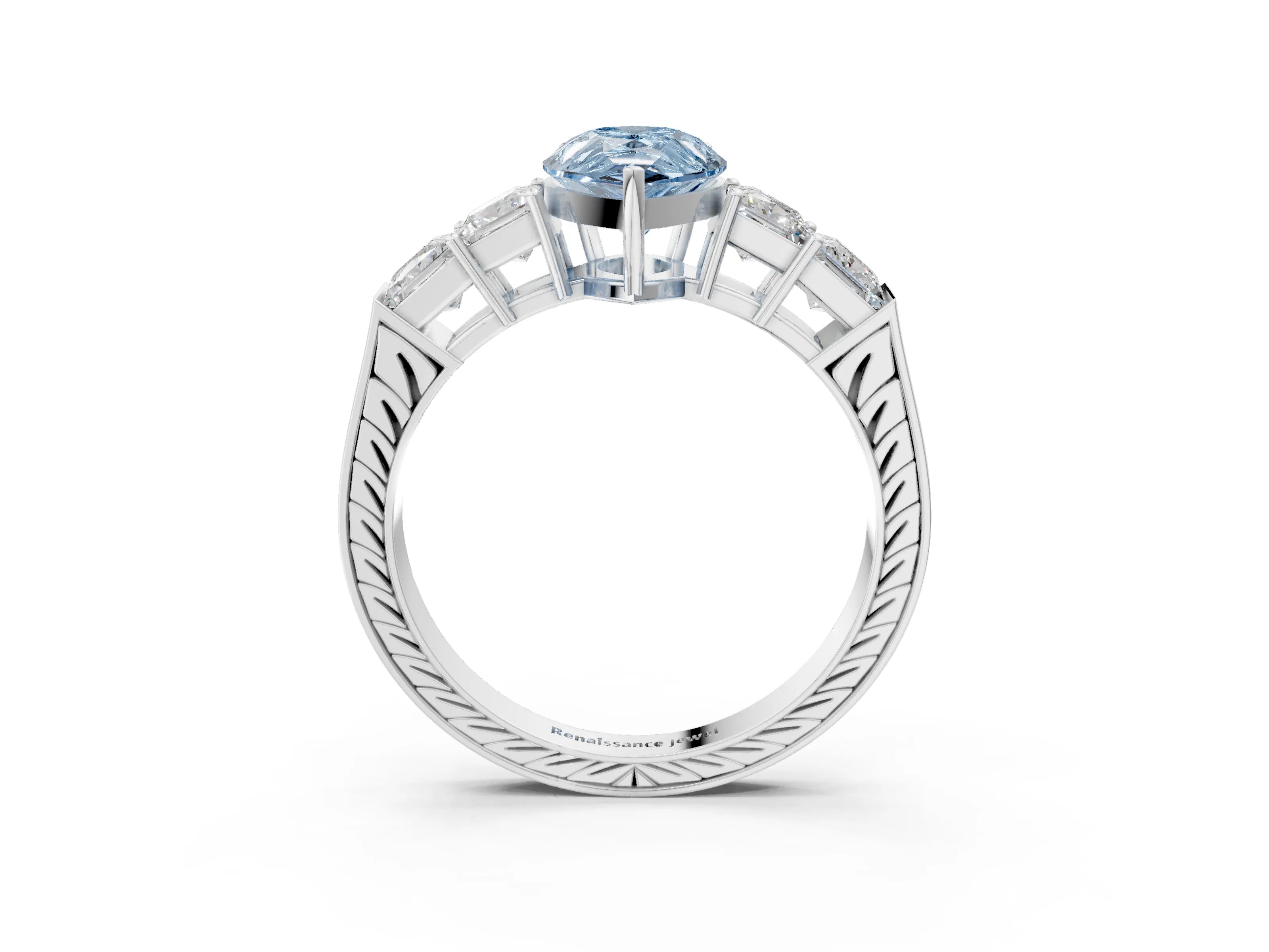 White gold Fancy Blue Pear Cut Solitaire Princess Side Stone Engraved Band Prong Setting Ring_3