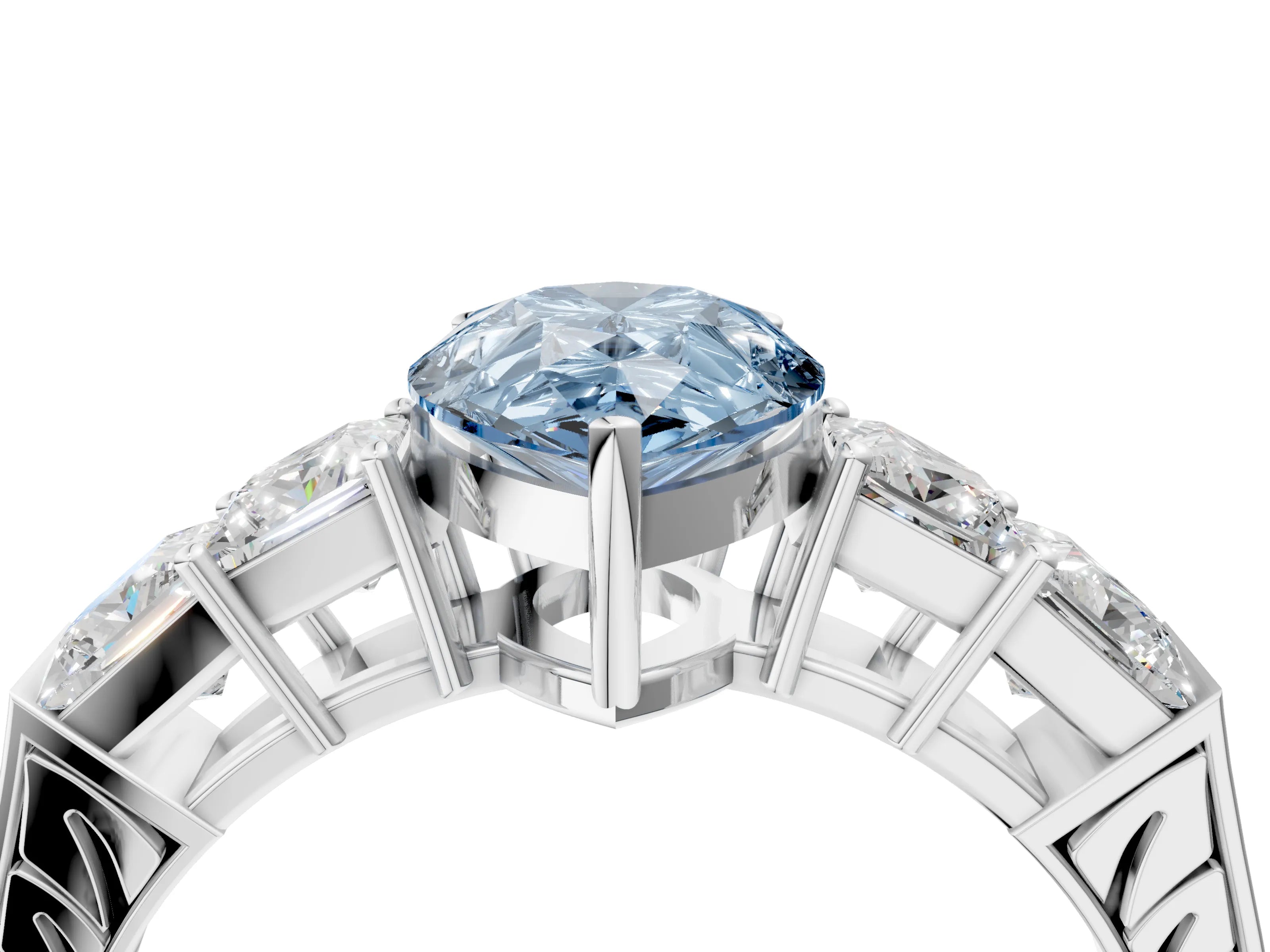 White gold Fancy Blue Pear Cut Solitaire Princess Side Stone Engraved Band Prong Setting Ring_4
