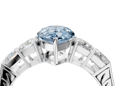 White gold Fancy Blue Pear Cut Solitaire Princess Side Stone Engraved Band Prong Setting Ring_4