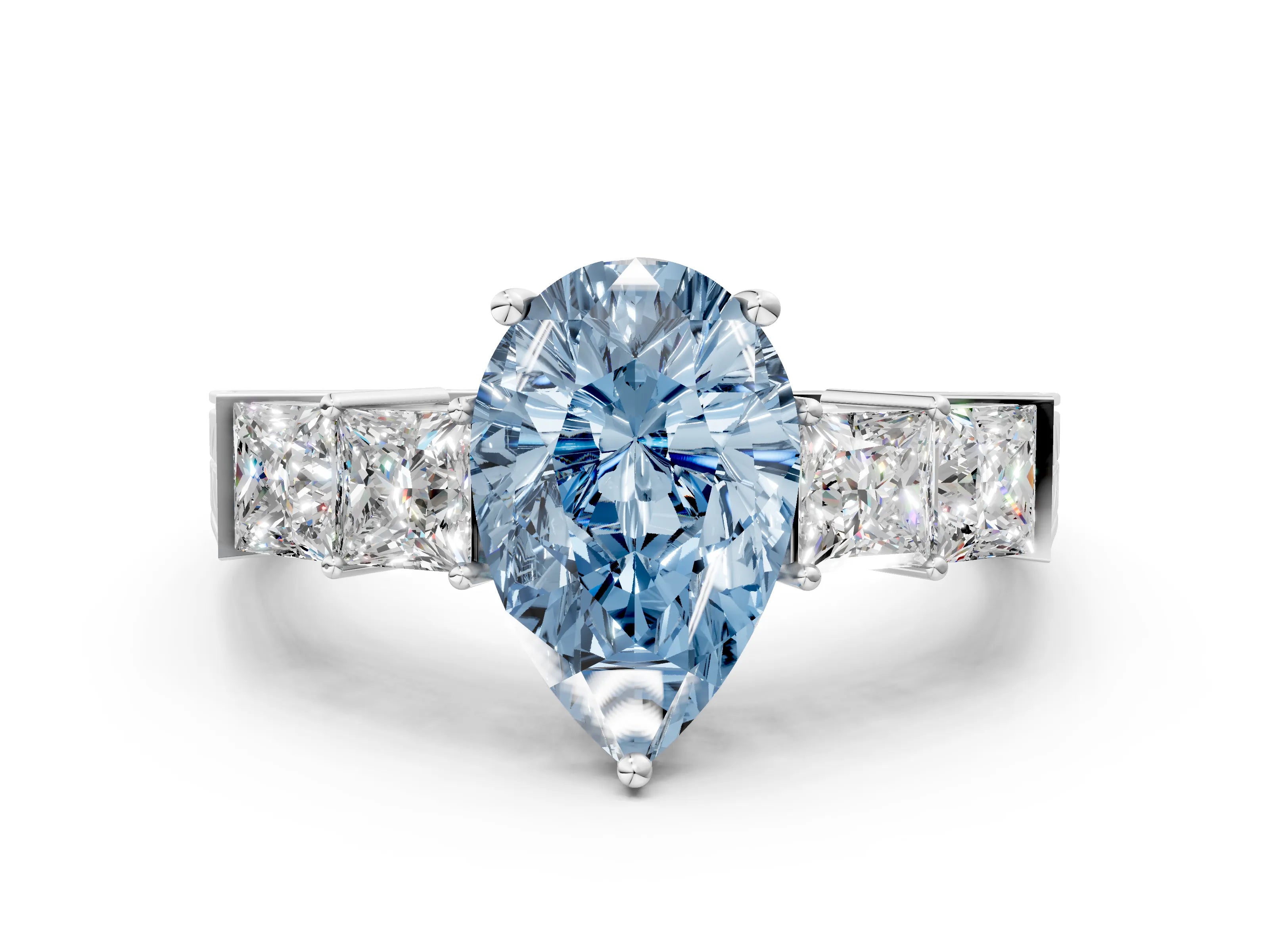 White gold Fancy Blue Pear Cut Solitaire Princess Side Stone Engraved Band Prong Setting Ring