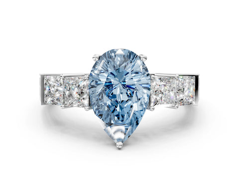White gold Fancy Blue Pear Cut Solitaire Princess Side Stone Engraved Band Prong Setting Ring