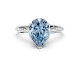 White gold Fancy Blue Pear Cut Solitaire Split Shank Pave Diamond Engagement Ring with Four-Prong Setting