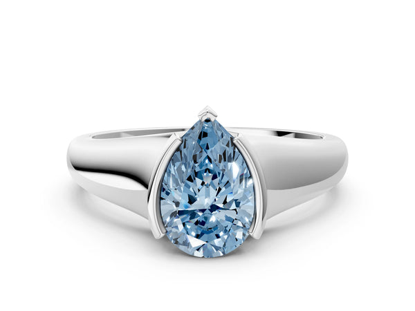 Platinum Fancy Blue Pear Cut Solitaire Tension Set Diamond Ring with Split Shank Band