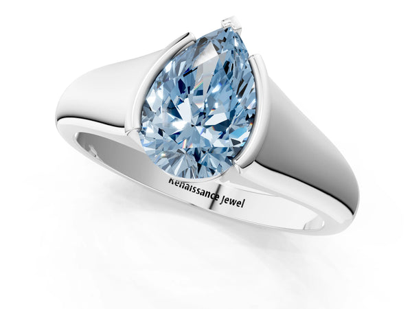 Platinum Fancy Blue Pear Cut Solitaire Tension Set Diamond Ring with Split Shank Band